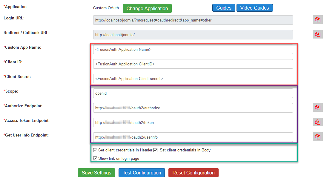 Custom Joomla OAuth configuration Settings..