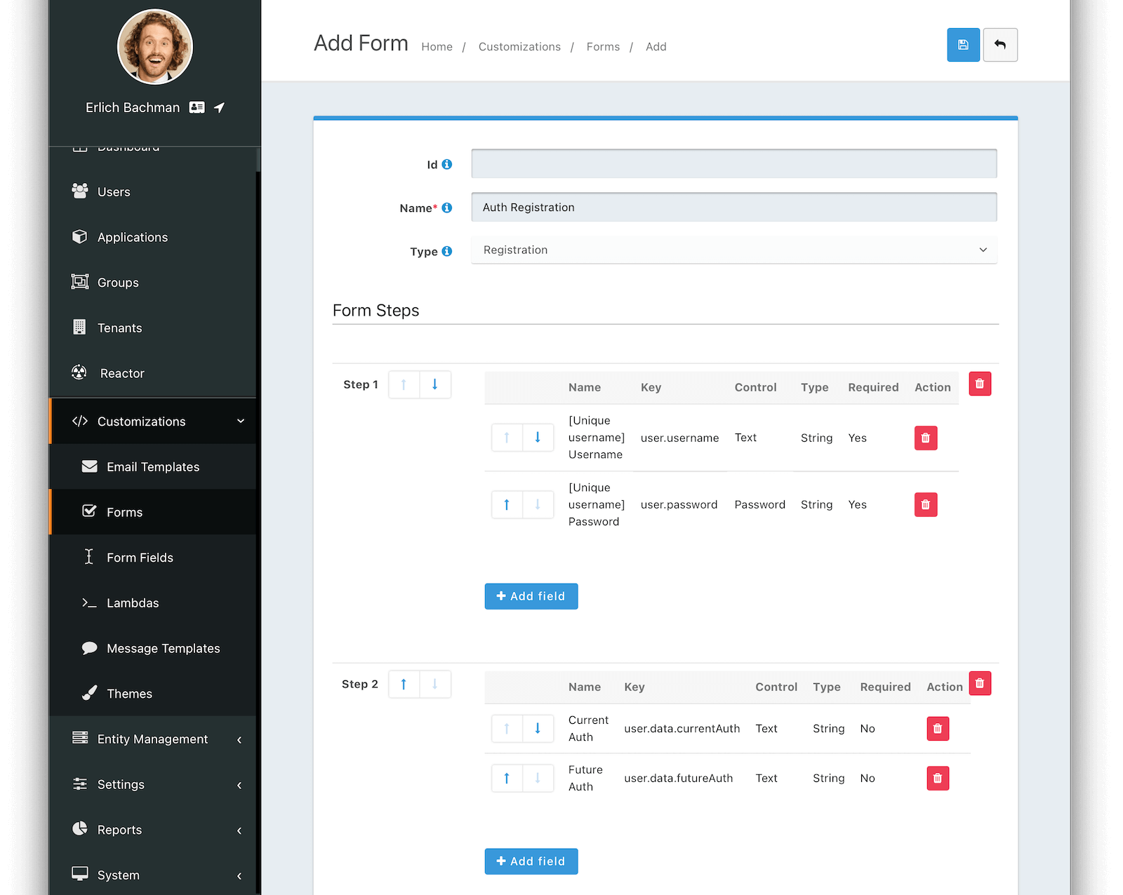 Self-Service registration example form setup