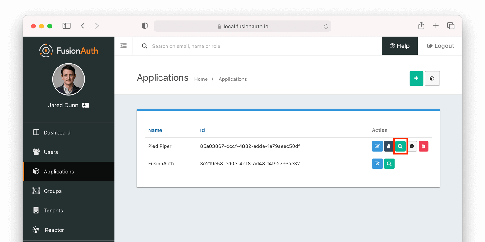 View icon on the Application listing page