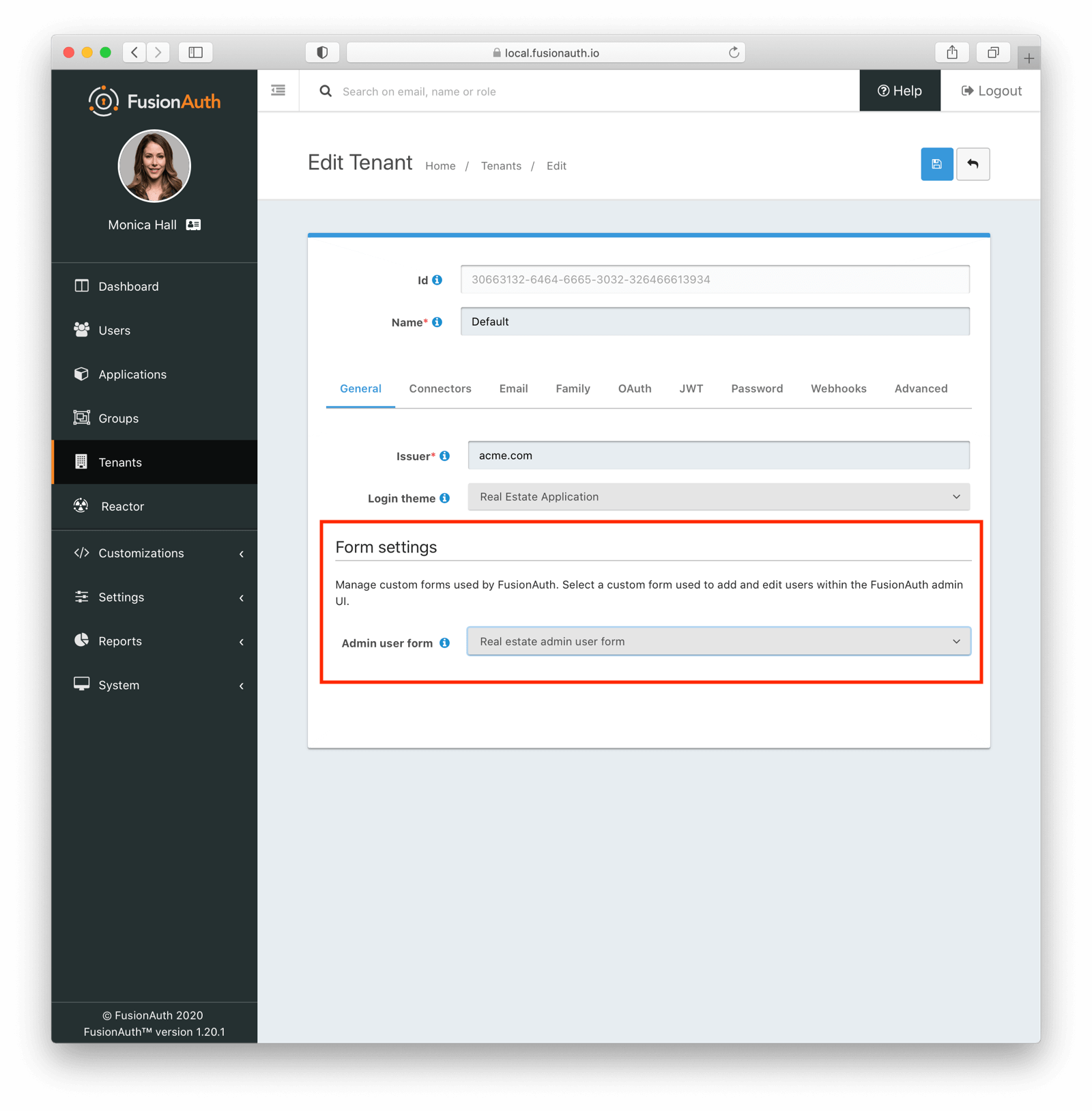 Associating an admin user form with a tenant.