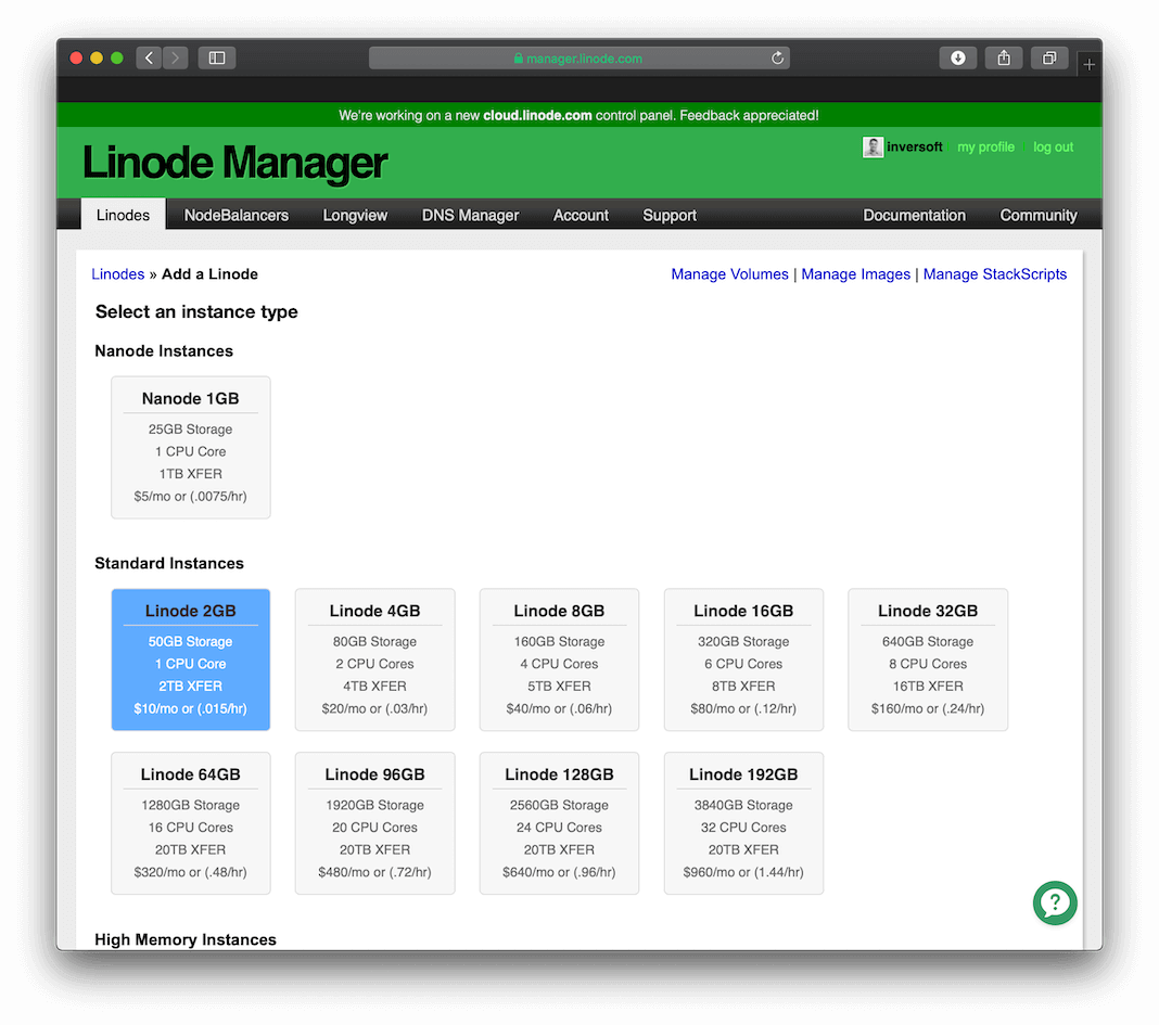 Linode setup select server type