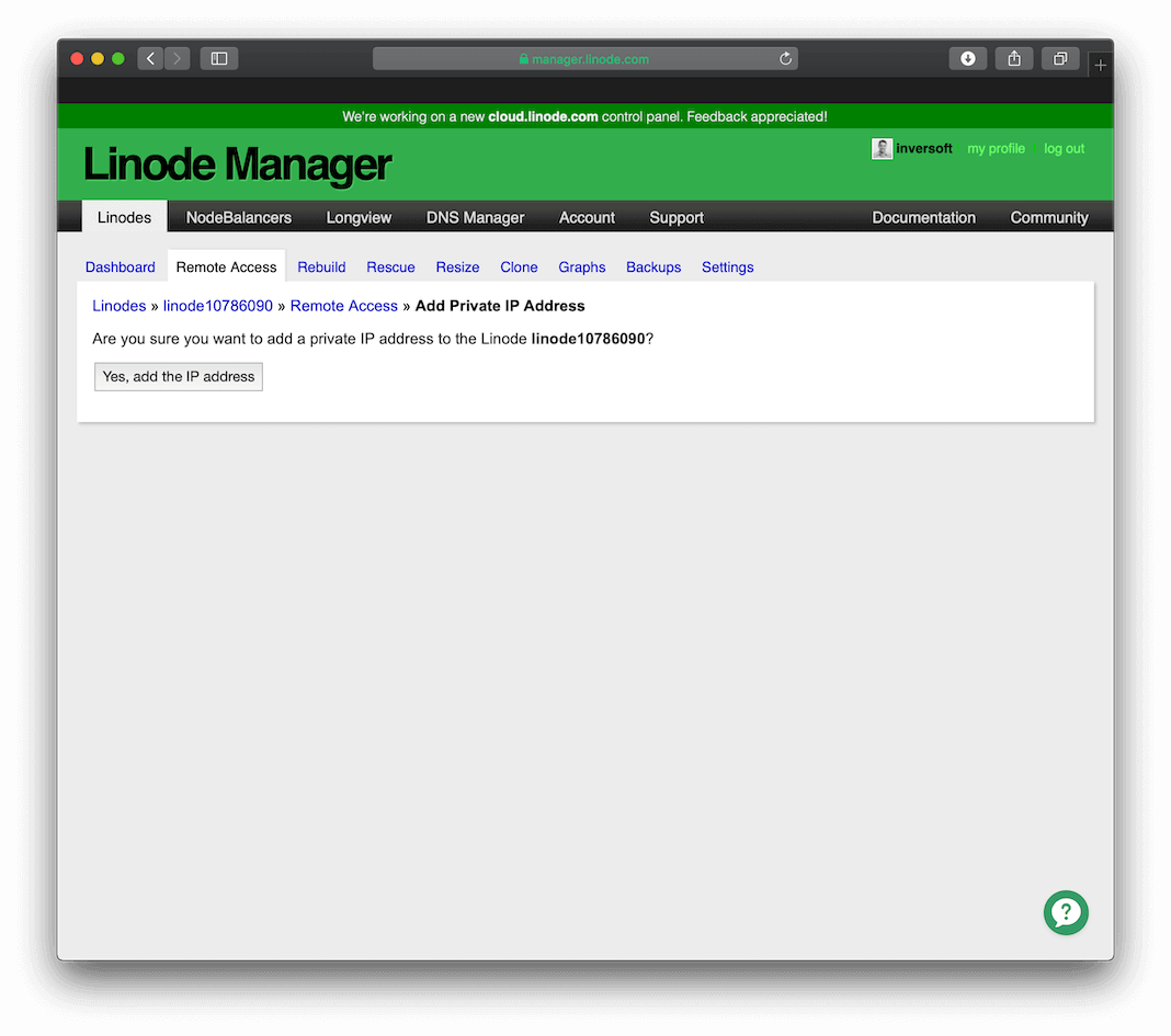 Linode setup private IP form