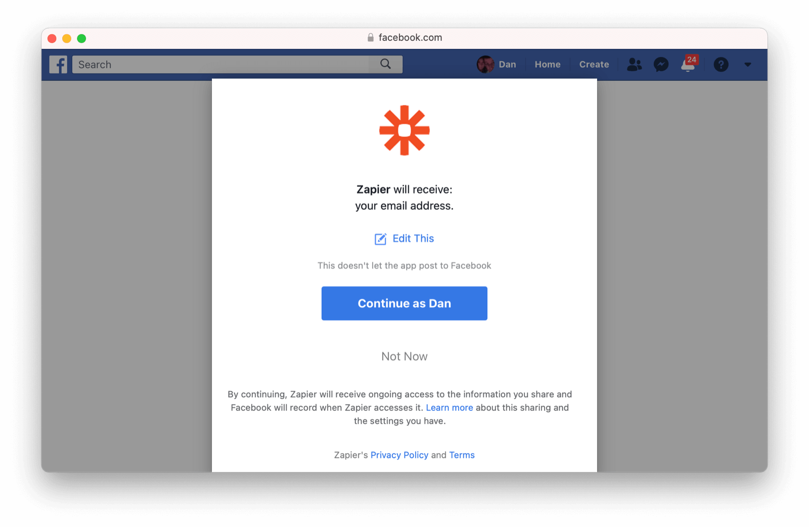 The Facebook permissions grant screen for Zapier.