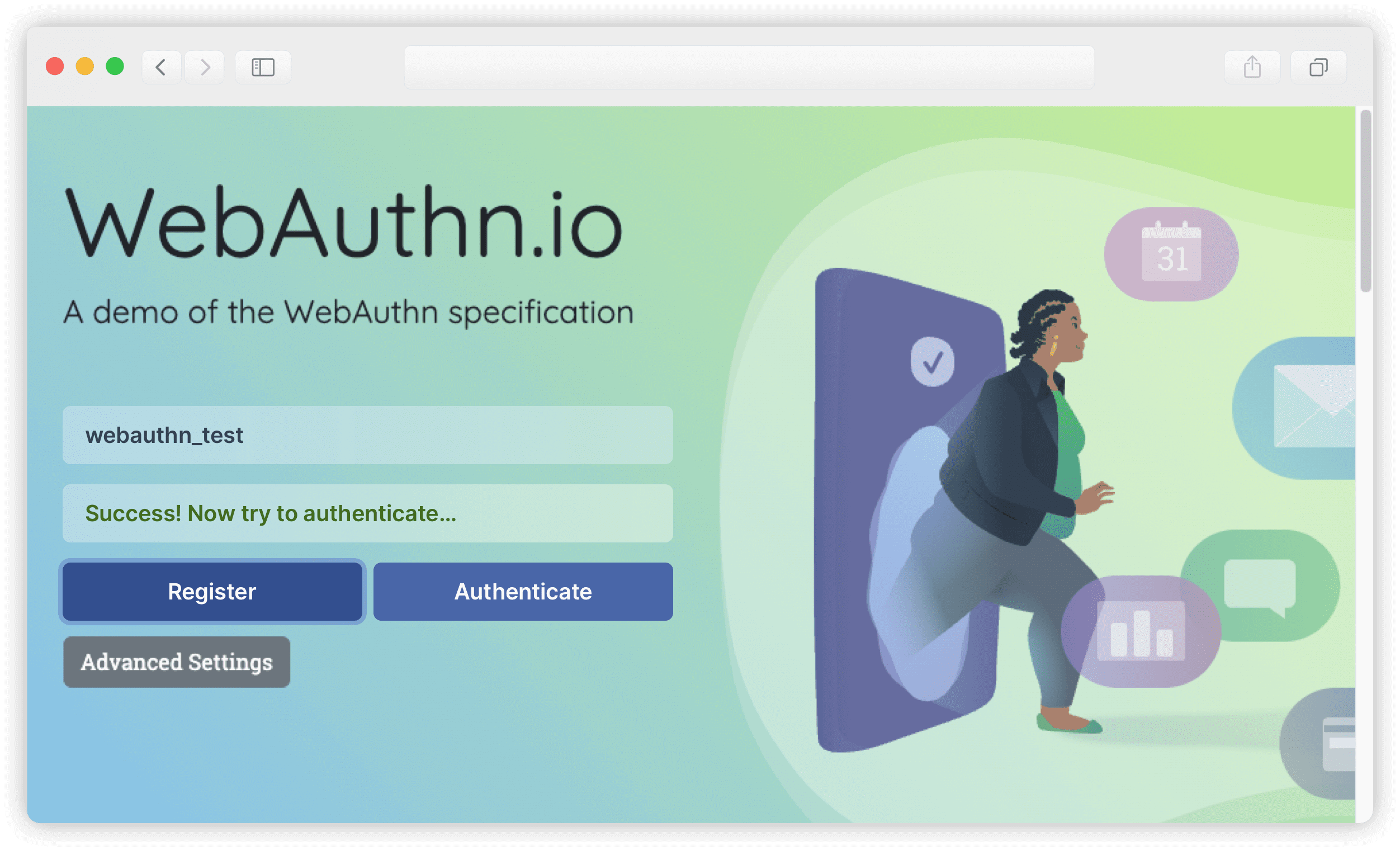 WebAuthn.io in Chrome: registration completed