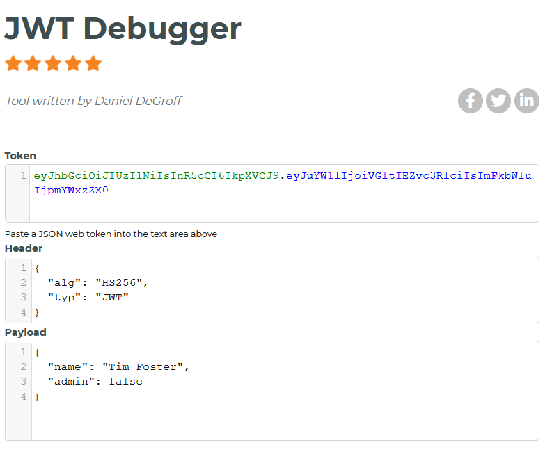 JWT Debugger tool on FusionAuth website showing typical content and resulting token.