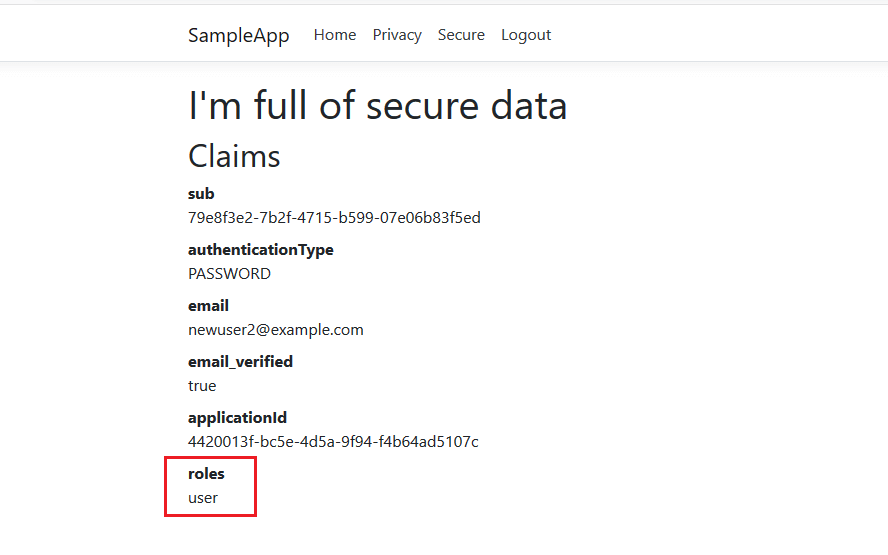 The secure page after a user has been associated with a role..