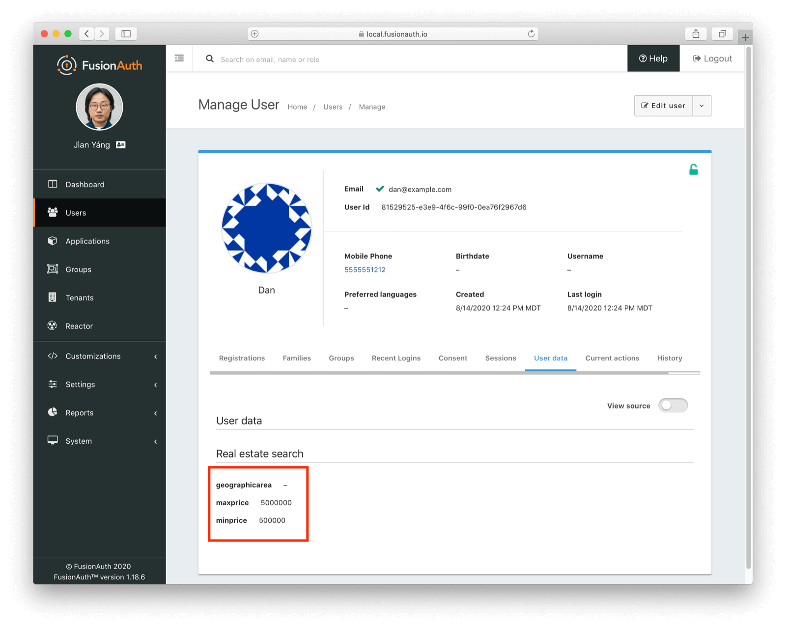 The user data tab of the newly registered user.