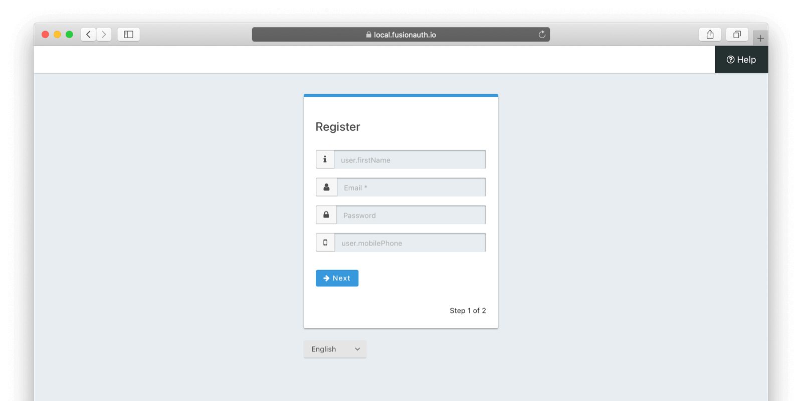 The first page of the custom registration flow.