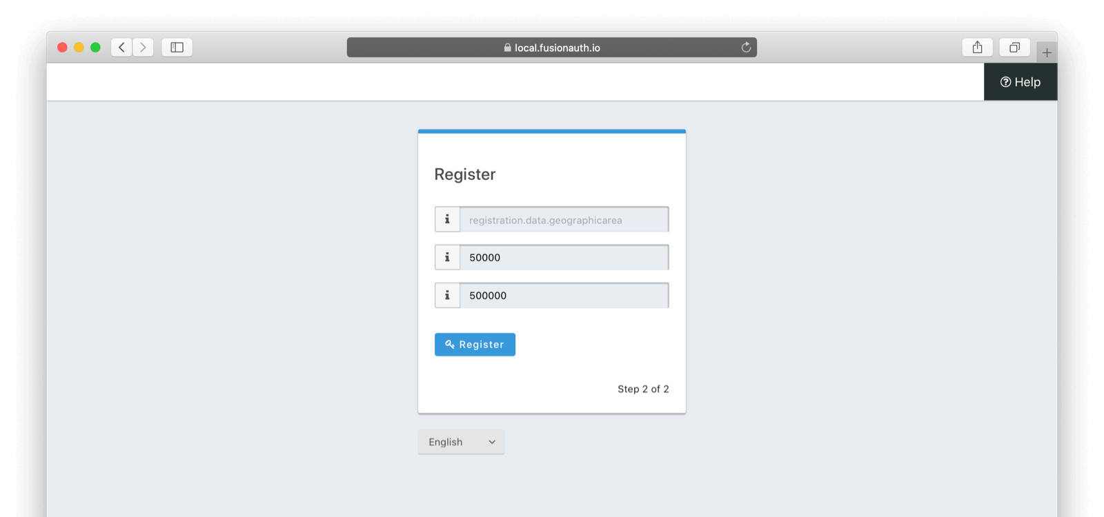 The second page of the custom registration flow with information in it.