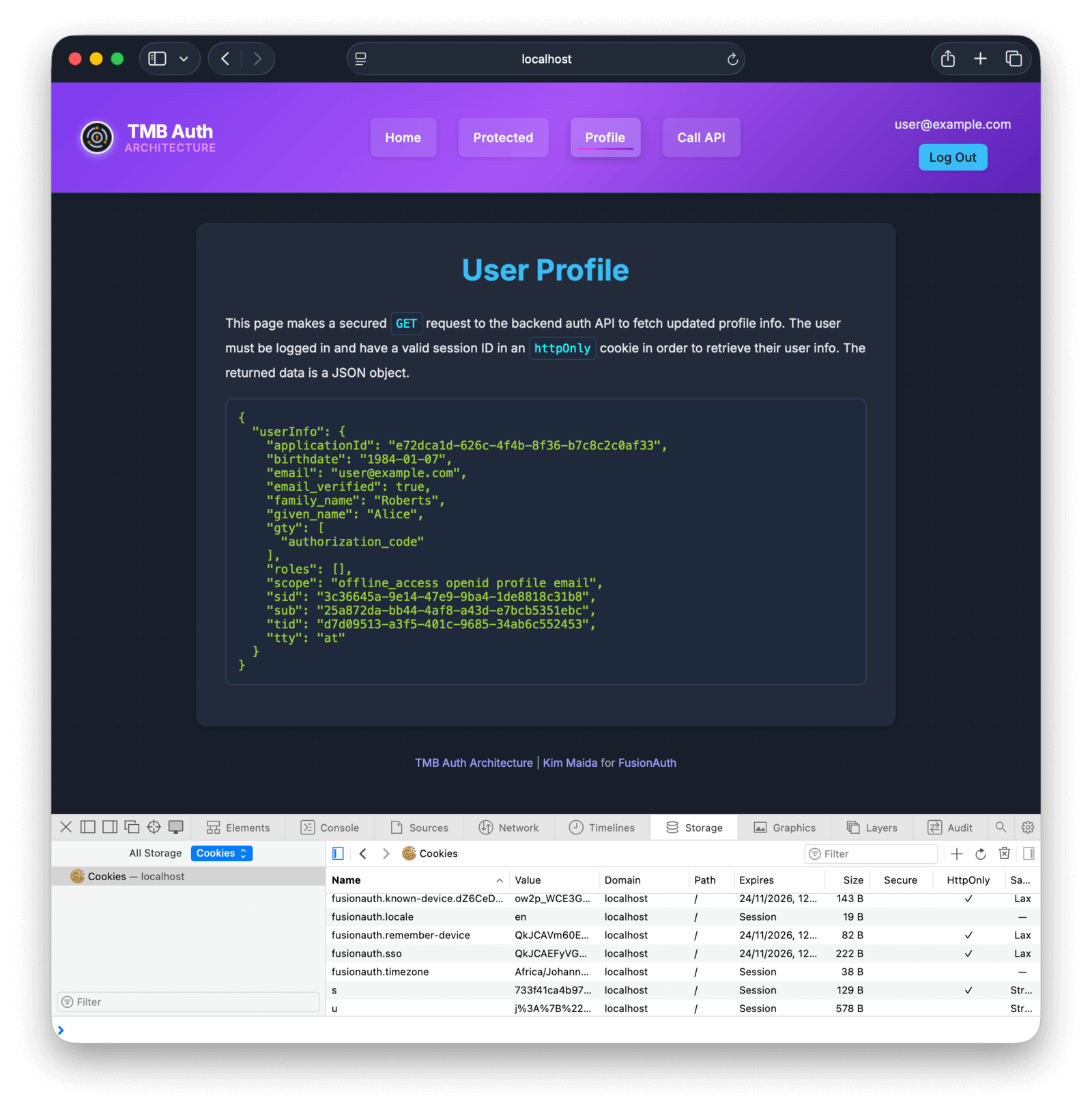The TMB website showing the user profile page when logged in.