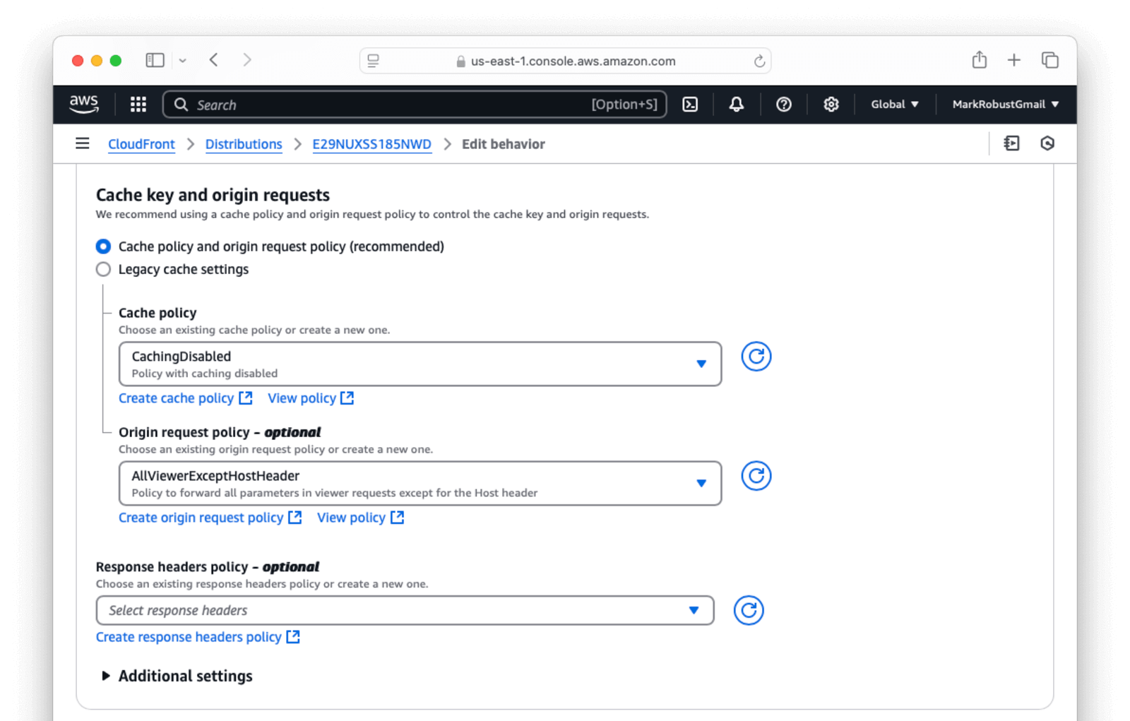 AWS Cloudfront edit distribution behaviors settings.