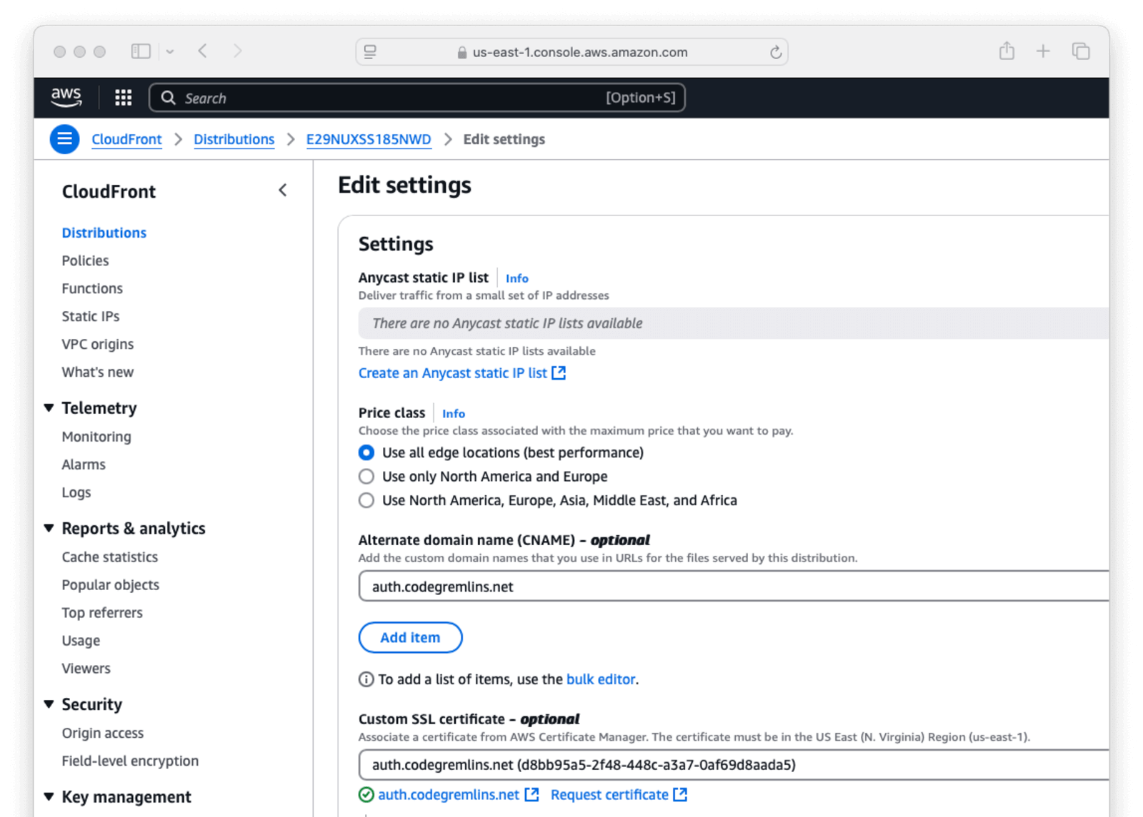 AWS Cloudfront edit distribution values.