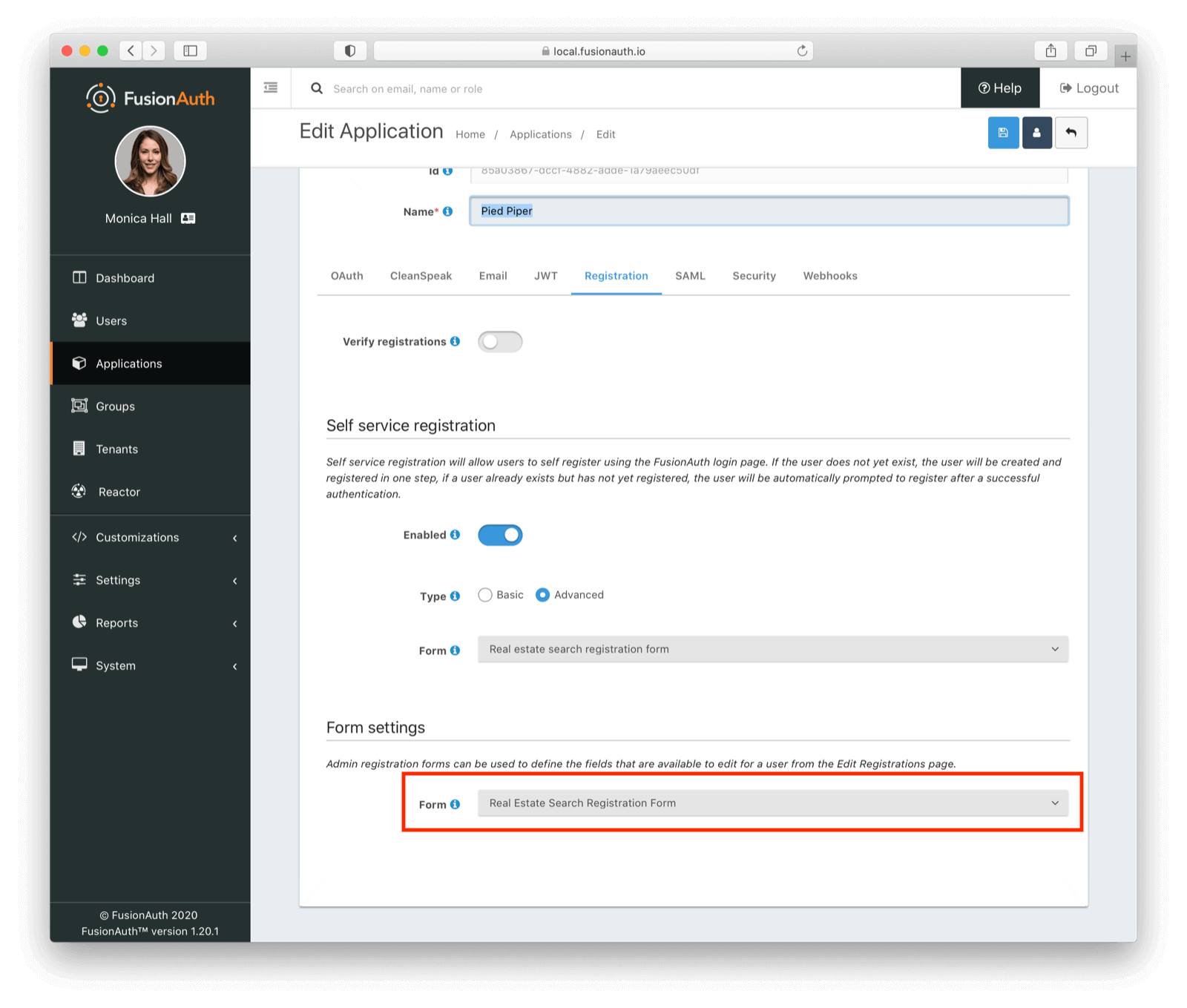 Configuring an application to use the admin registration editing form..