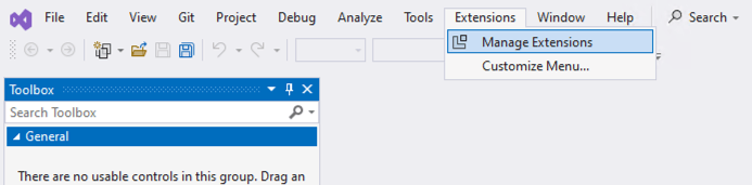 The Visual Studio menu bar to manage extensions.