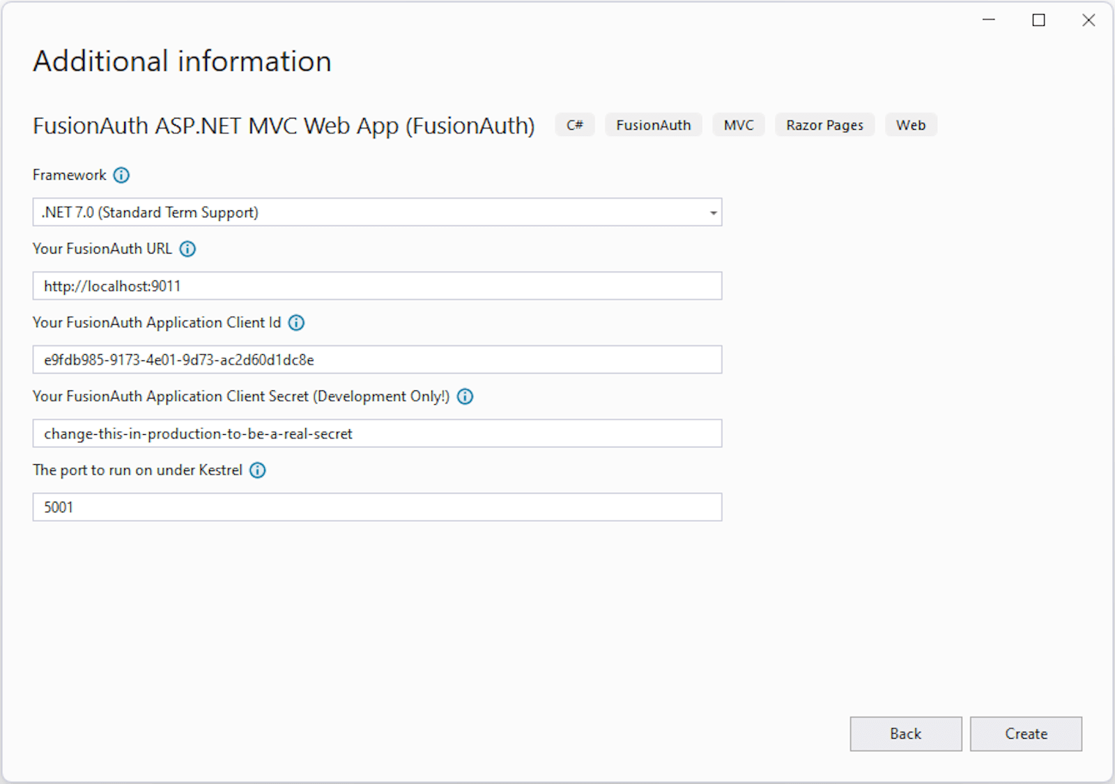 Visual Studio FusionAuth template inputs.