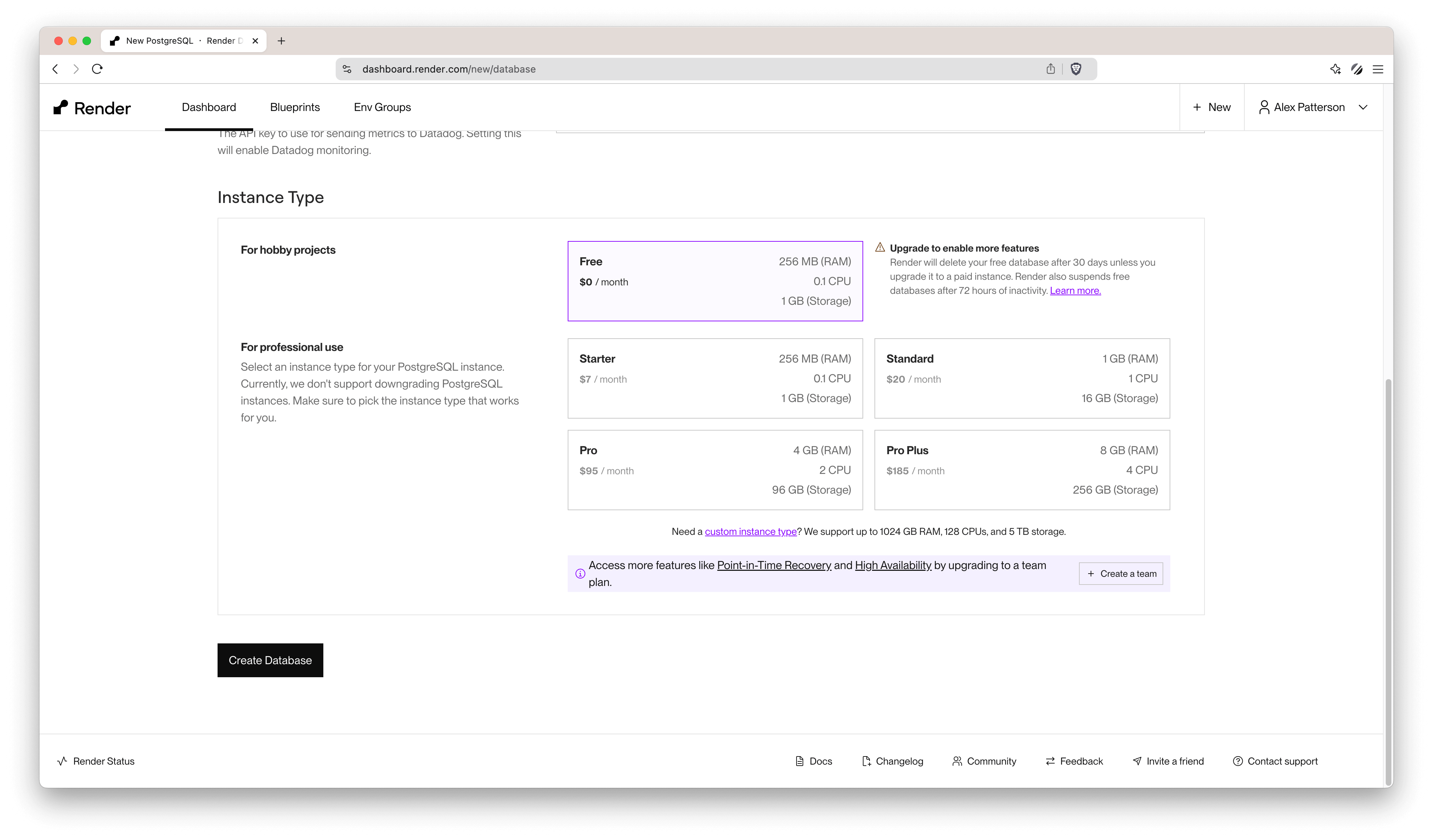 PostgreSQL Instance Type