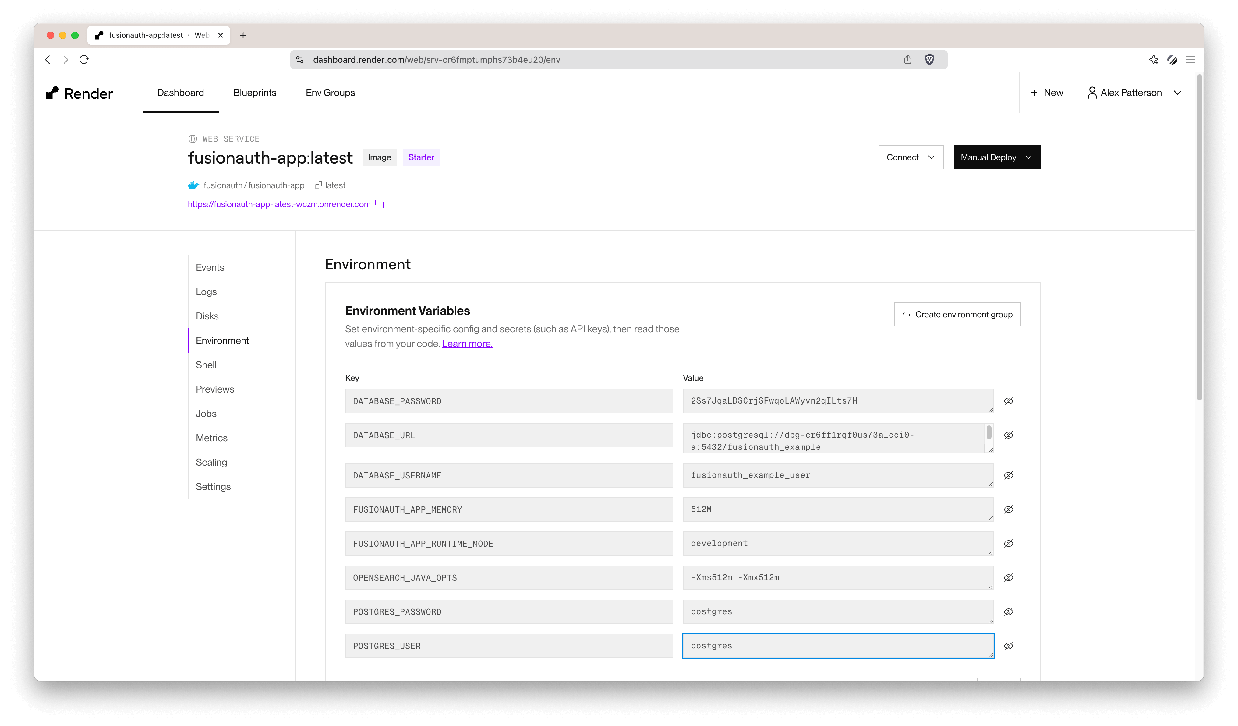 FusionAuth Docker Environment Variables shown on Web Service.