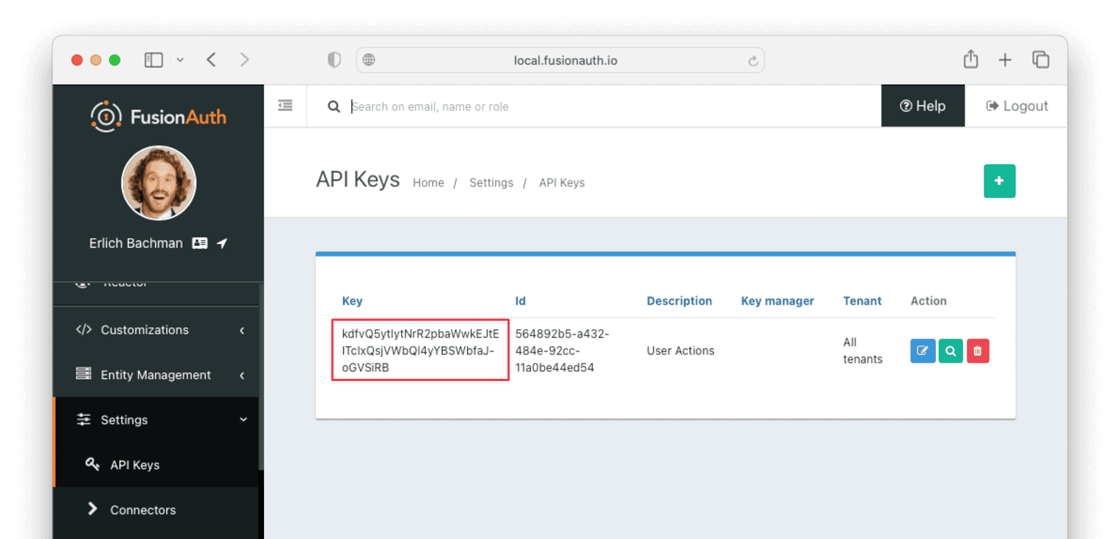 Record the value of the API key to use later.