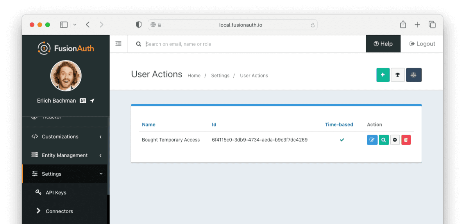 Verify that the User Action was created by checking in the admin portal.