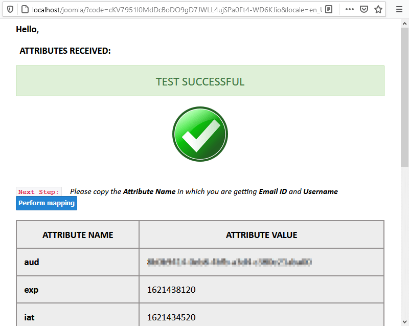 Joomla OAuth Test Result screen..