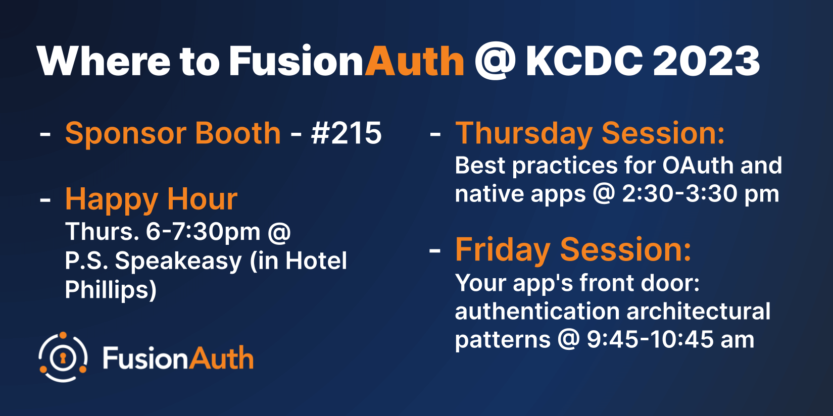 Where to find the FusionAuth team at KCDC 2023.