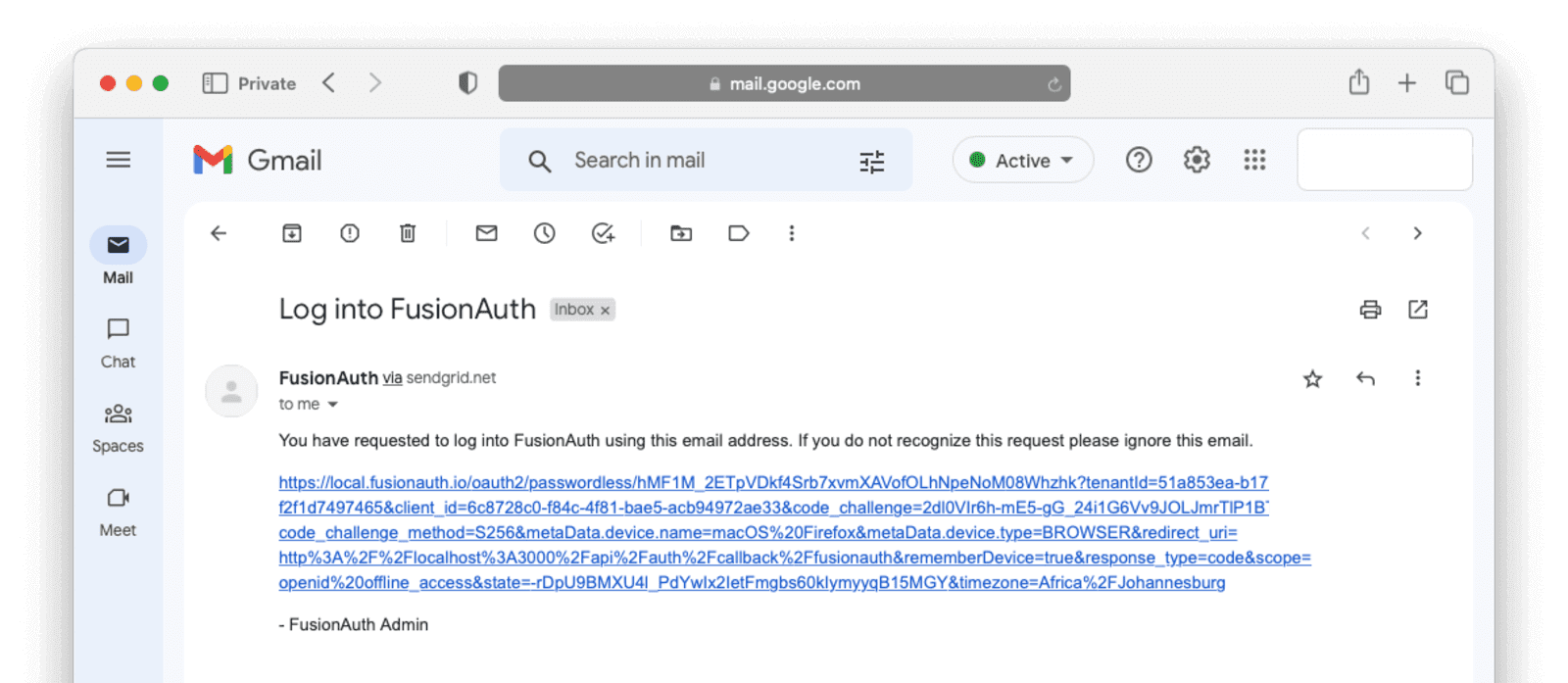 An email from FusionAuth containing a magic link
