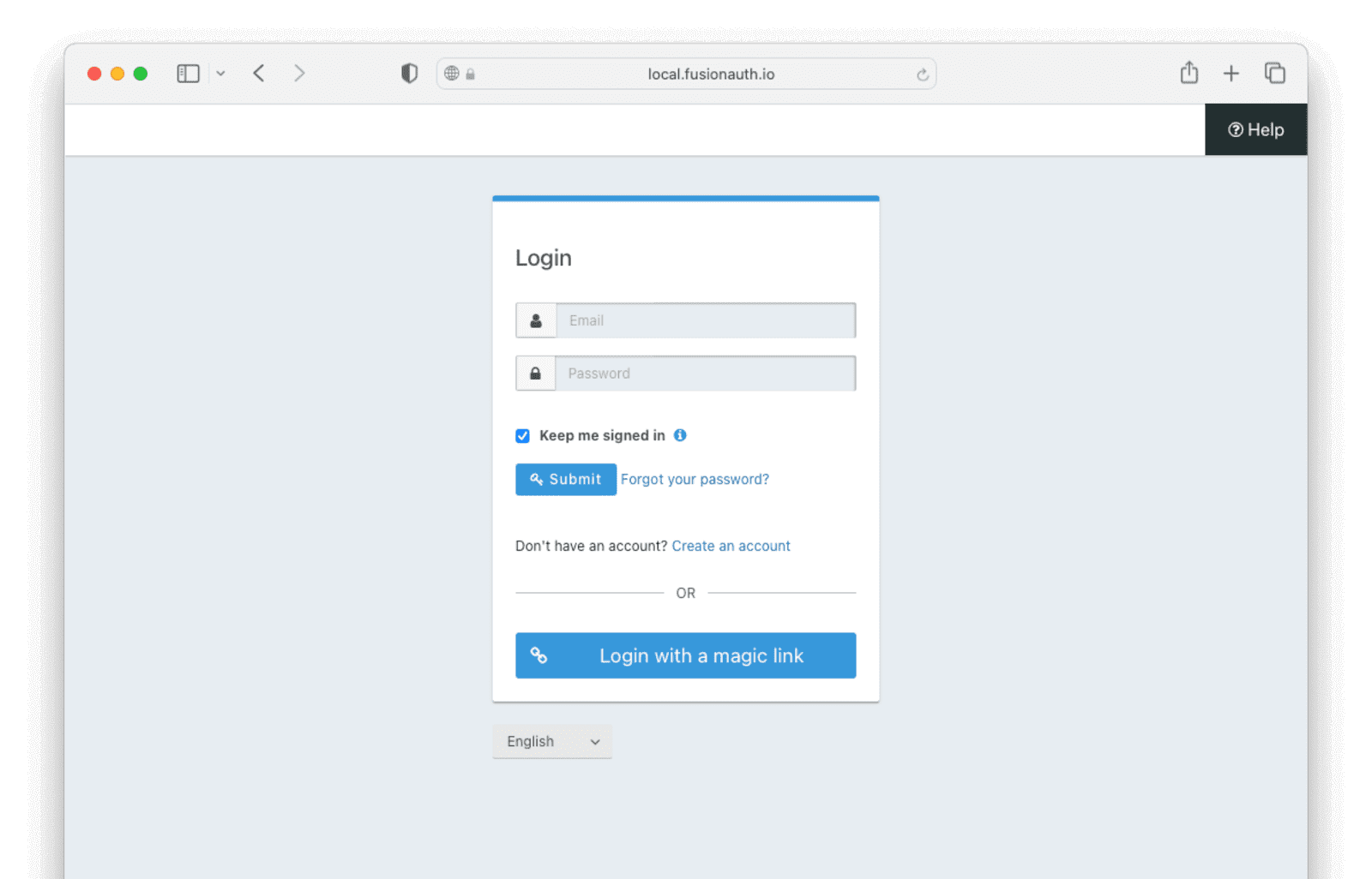 The FusionAuth Oauth2 login form including a passwordless log in option