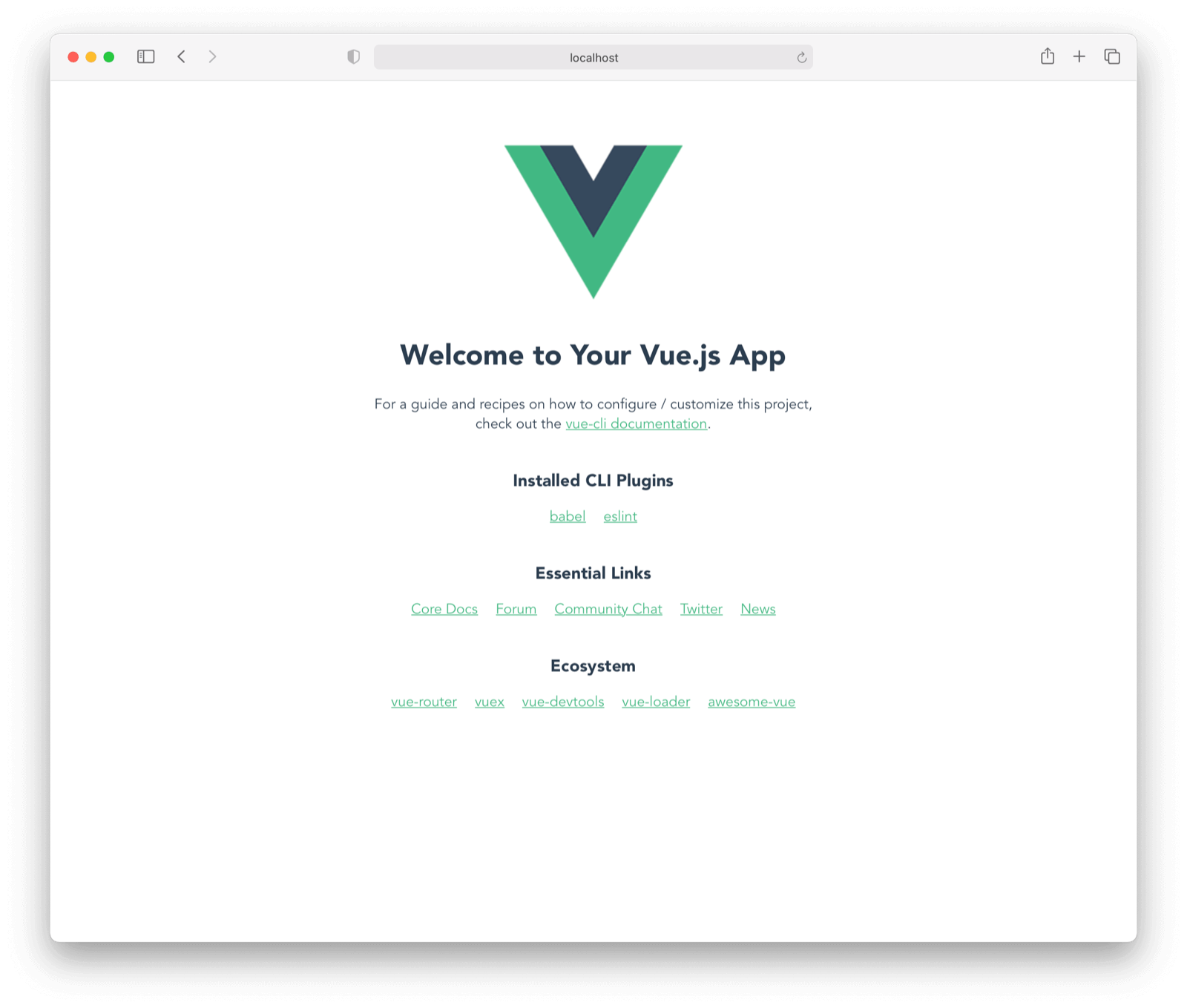 The default Vue application screen.
