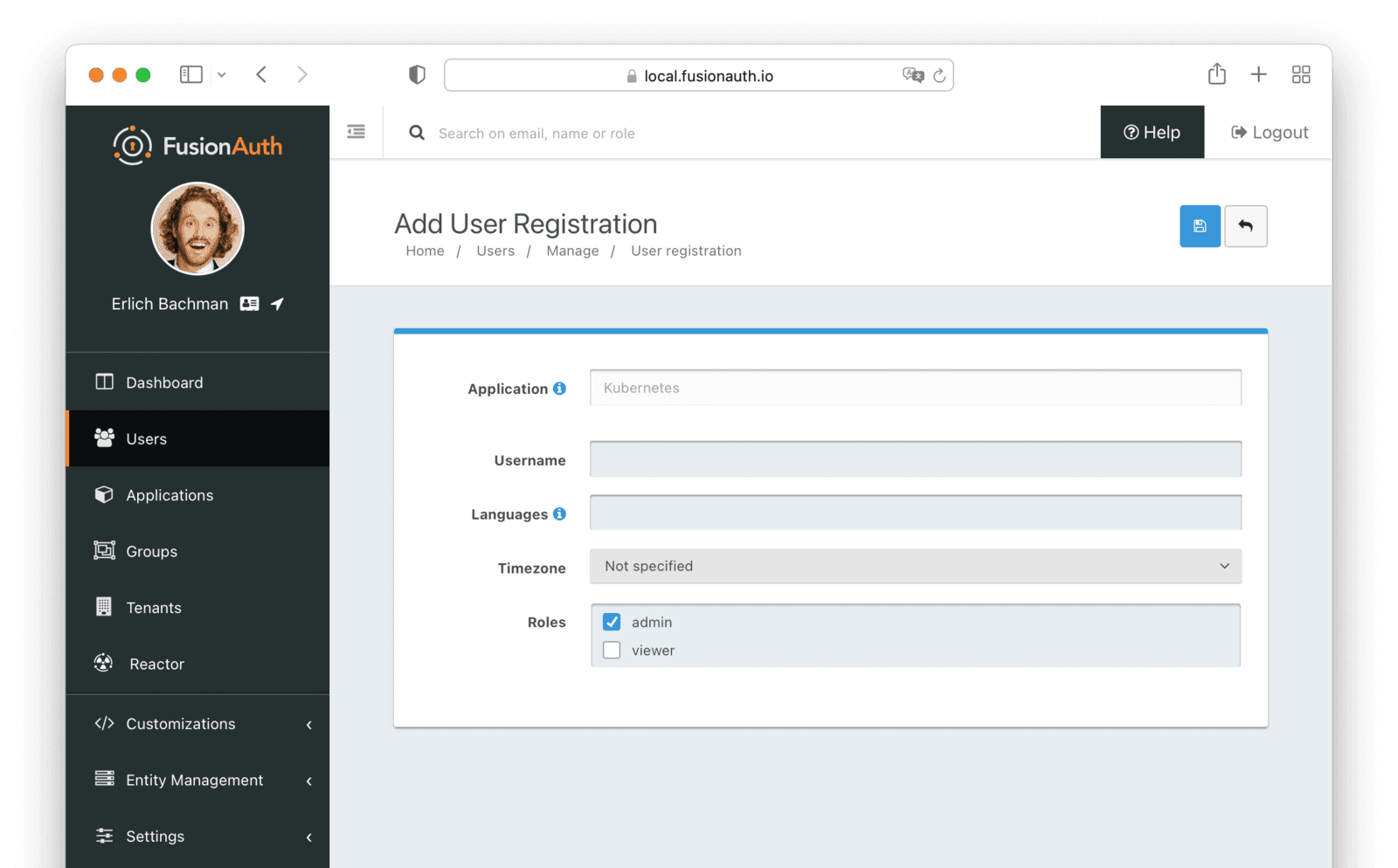 Adding a registration for the Kubernetes application for the admin user.