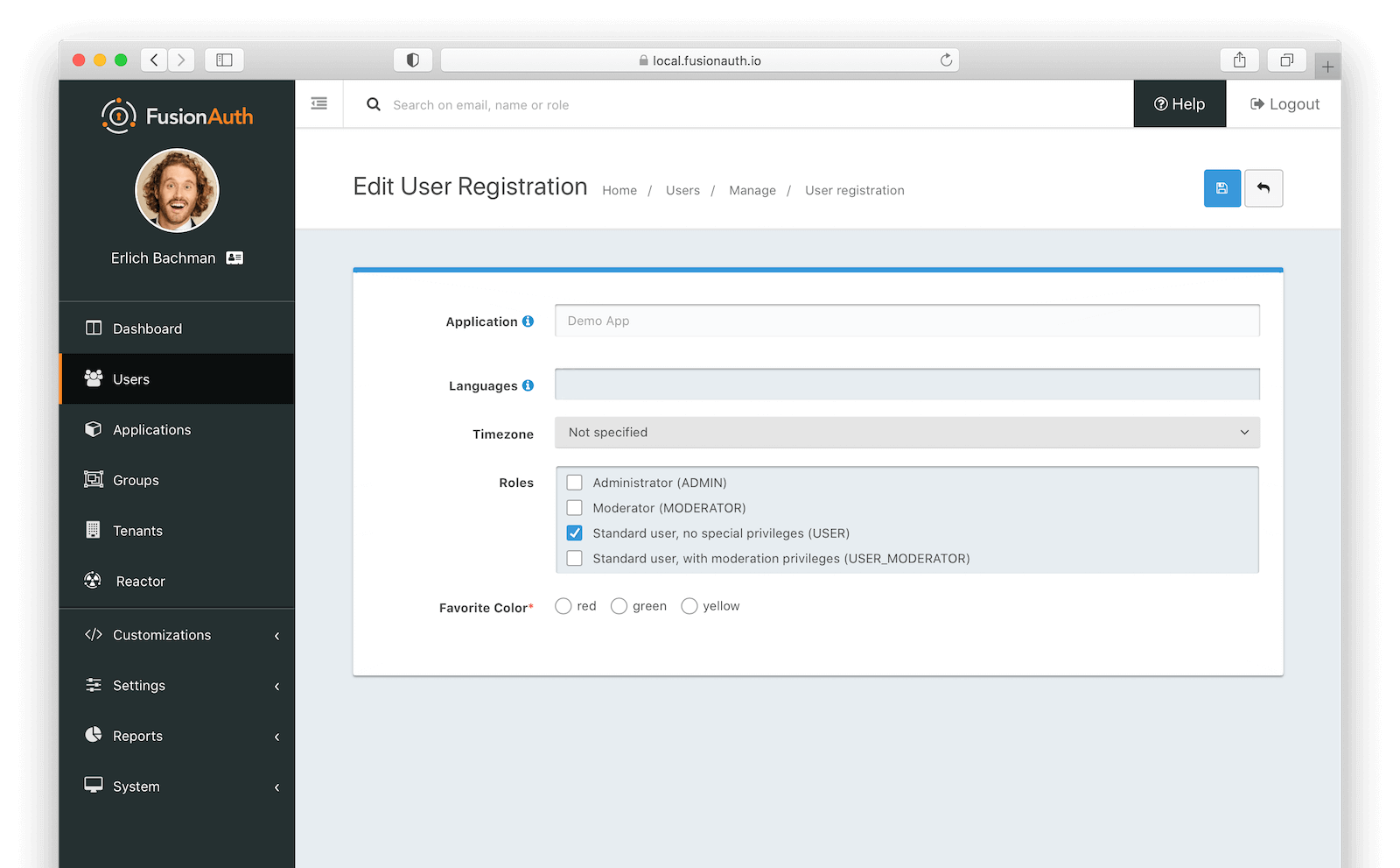 A customized registration editing form..