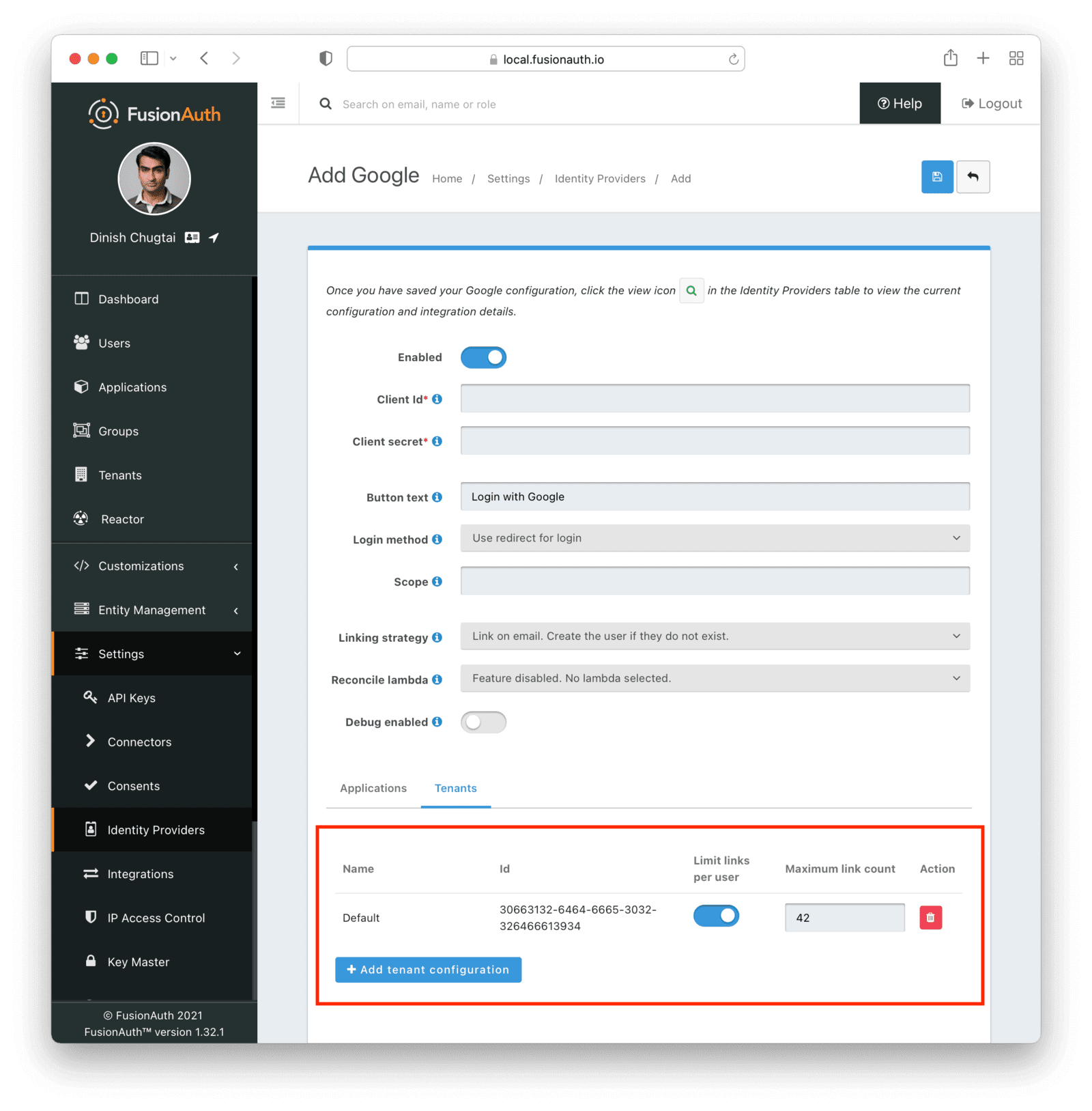 Limit the number of links for the Google identity provider..