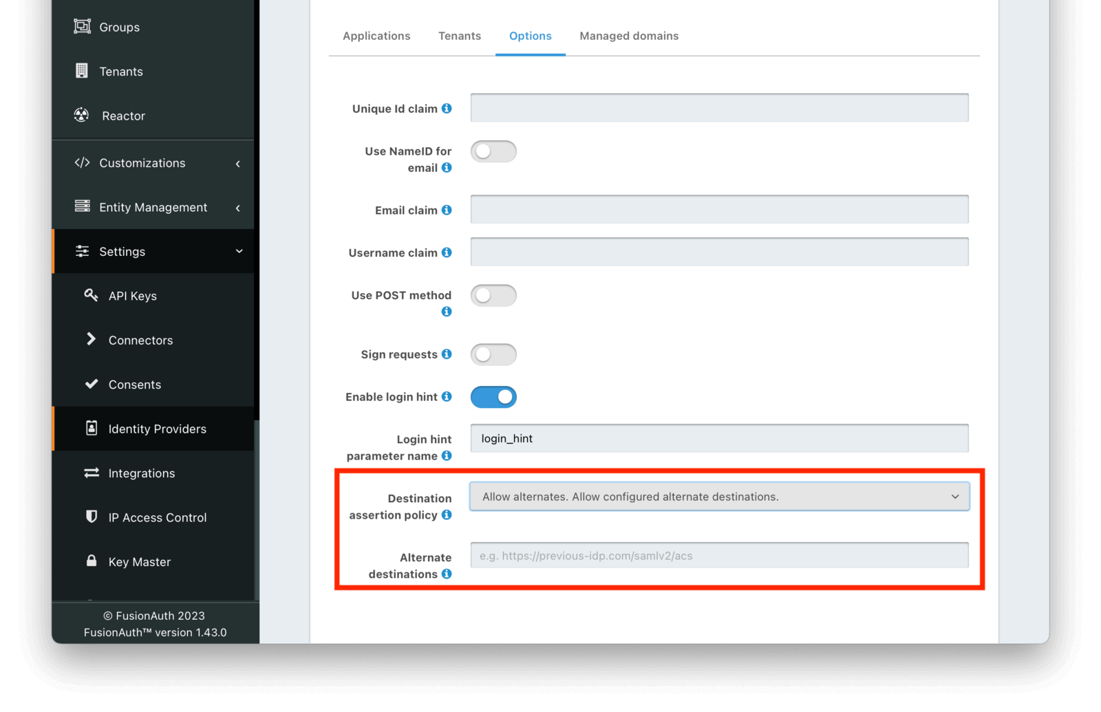 A SAML configuration with alternate Destinations allowed.