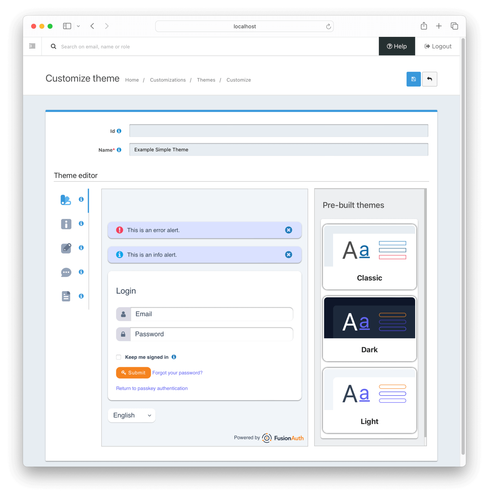 Screen with Preview of Login and Pr-built Theme selections