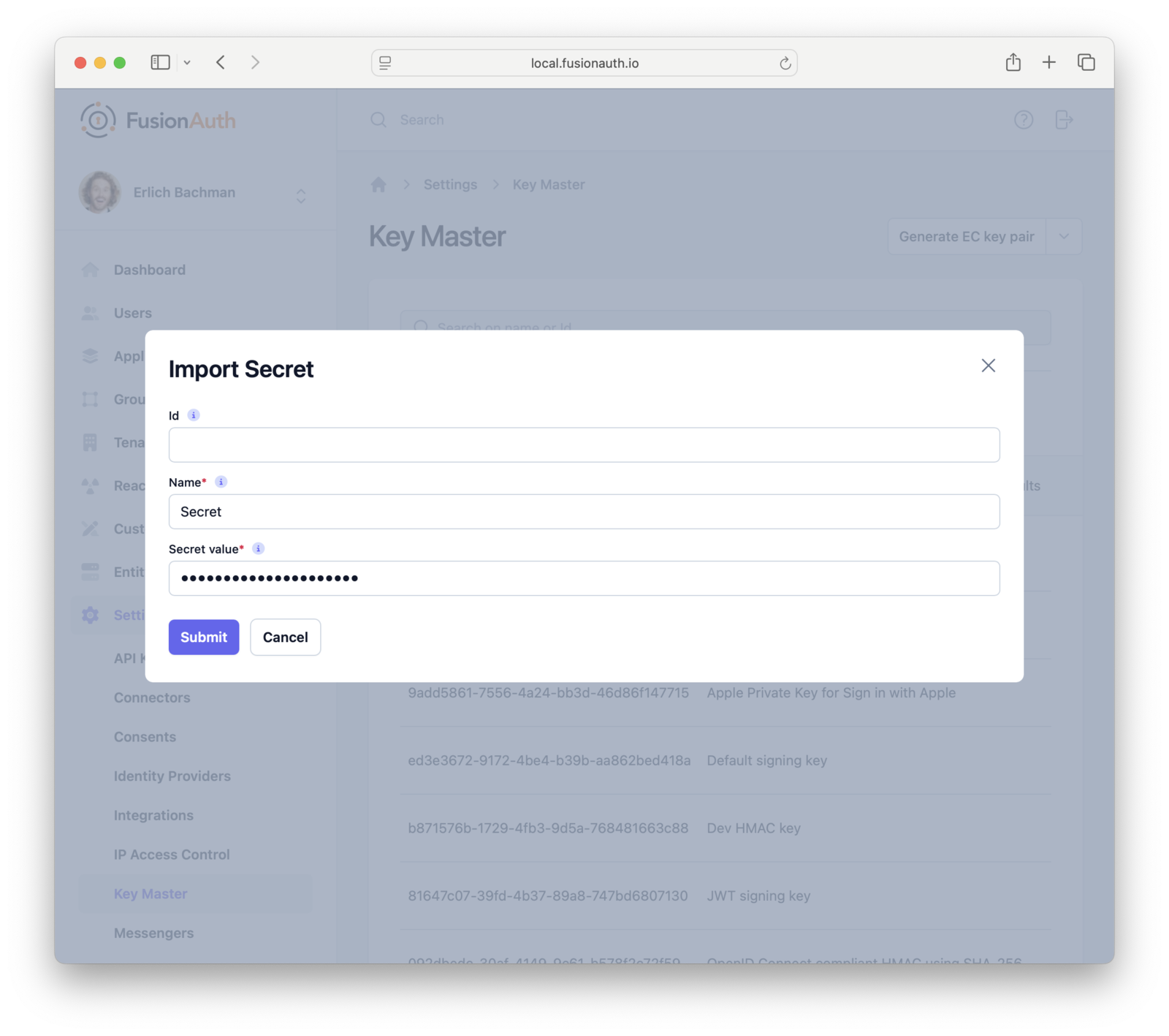 entering a secret name and secret value in the Admin UI