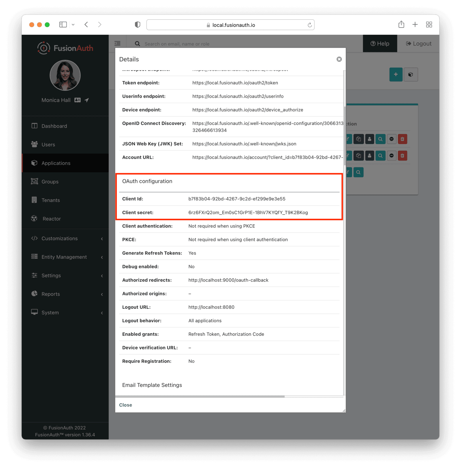 Application details view screen.