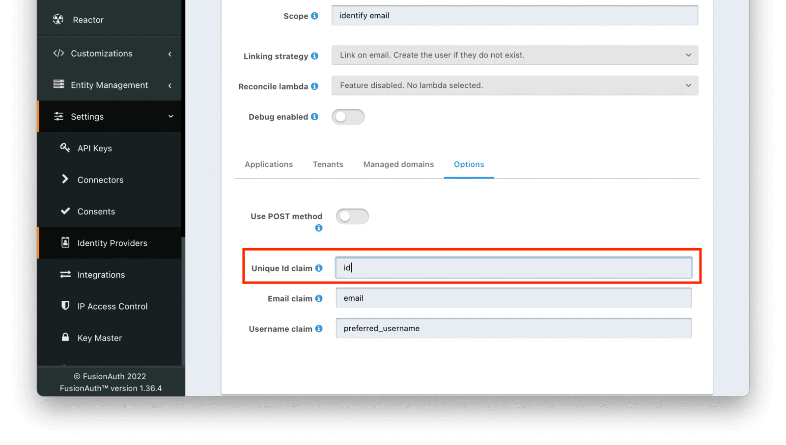 Configuring the Unique Id claim.