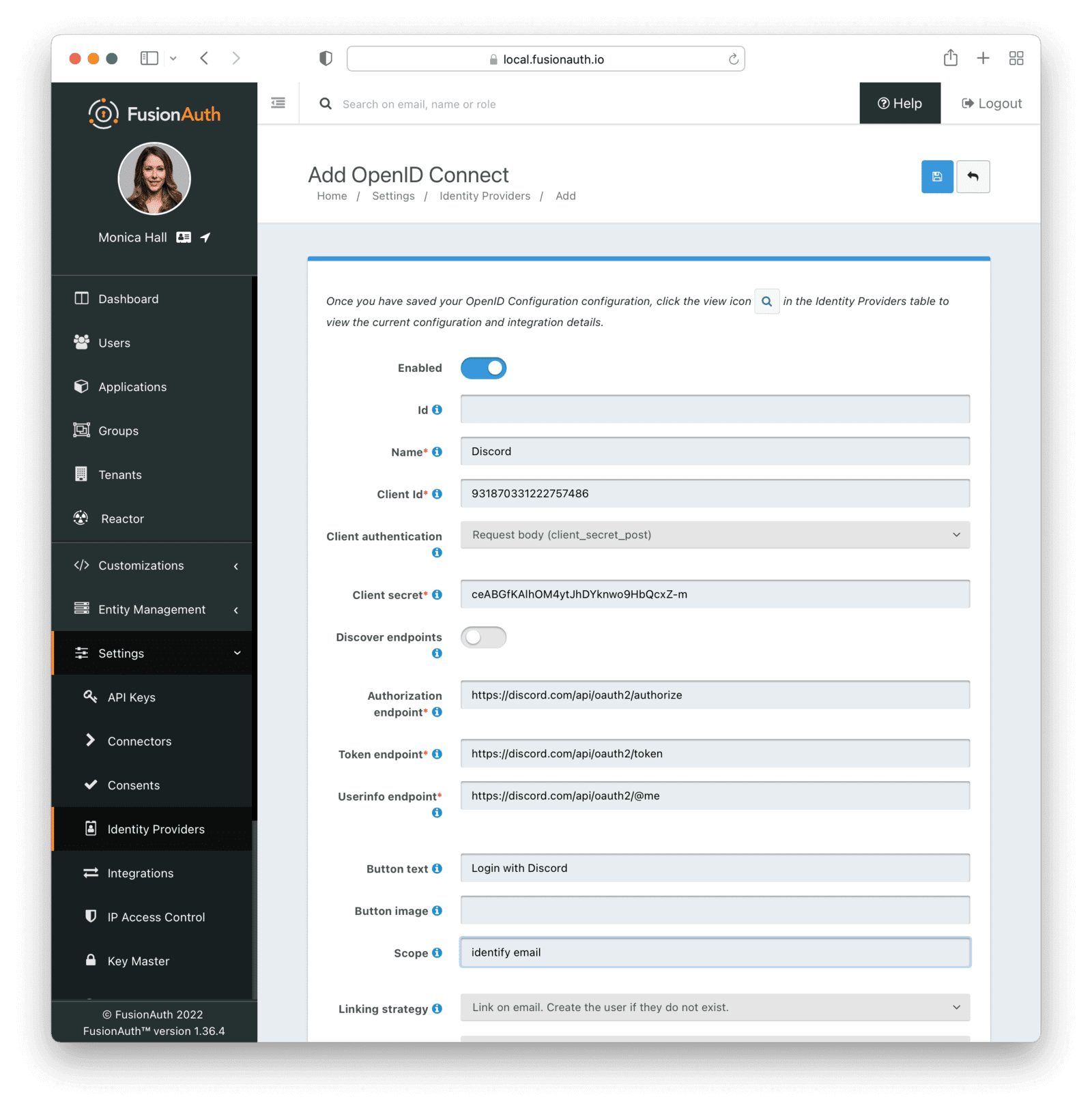 Discord Identity Provider details.