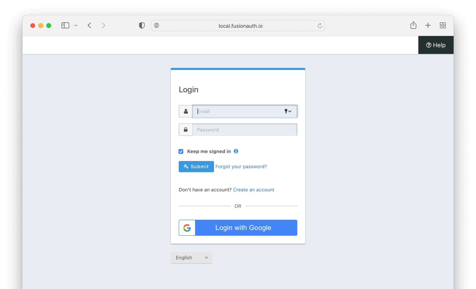 The FusionAuth login and sign up page.