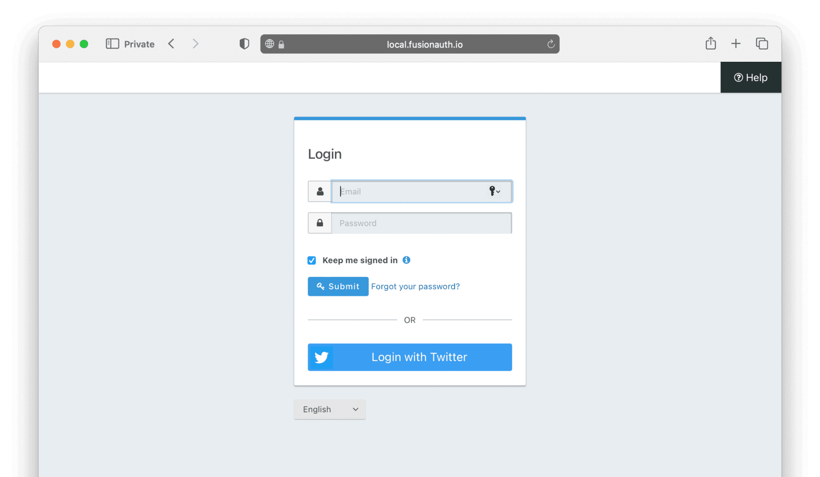 The FusionAuth login page, with Twitter as an option