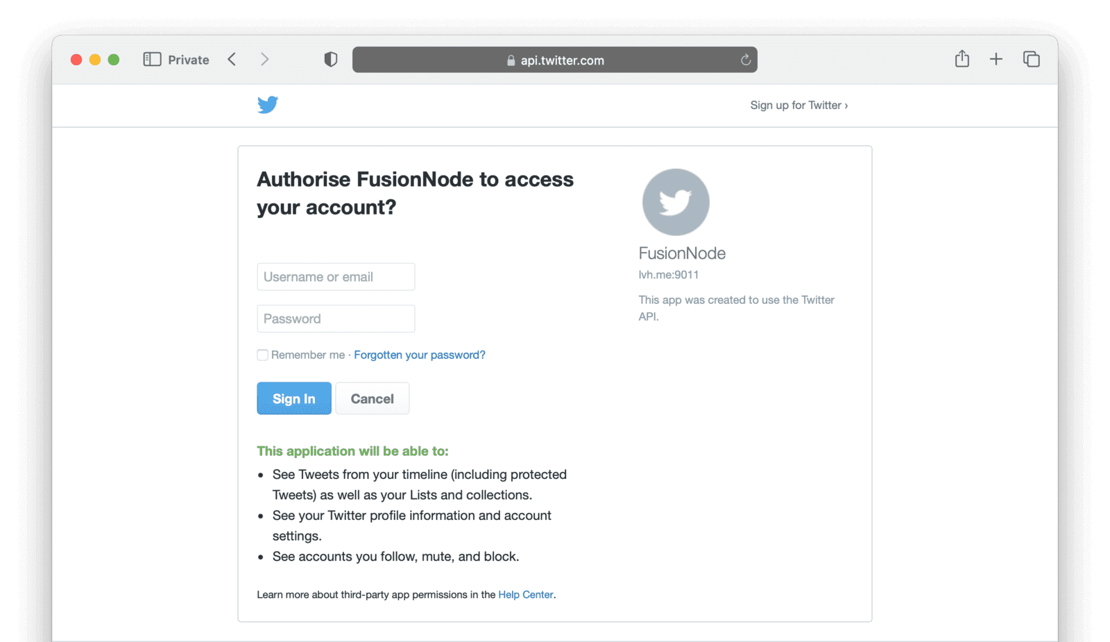 The Twitter page asking permission to authenticate you to your FusionAuth instance