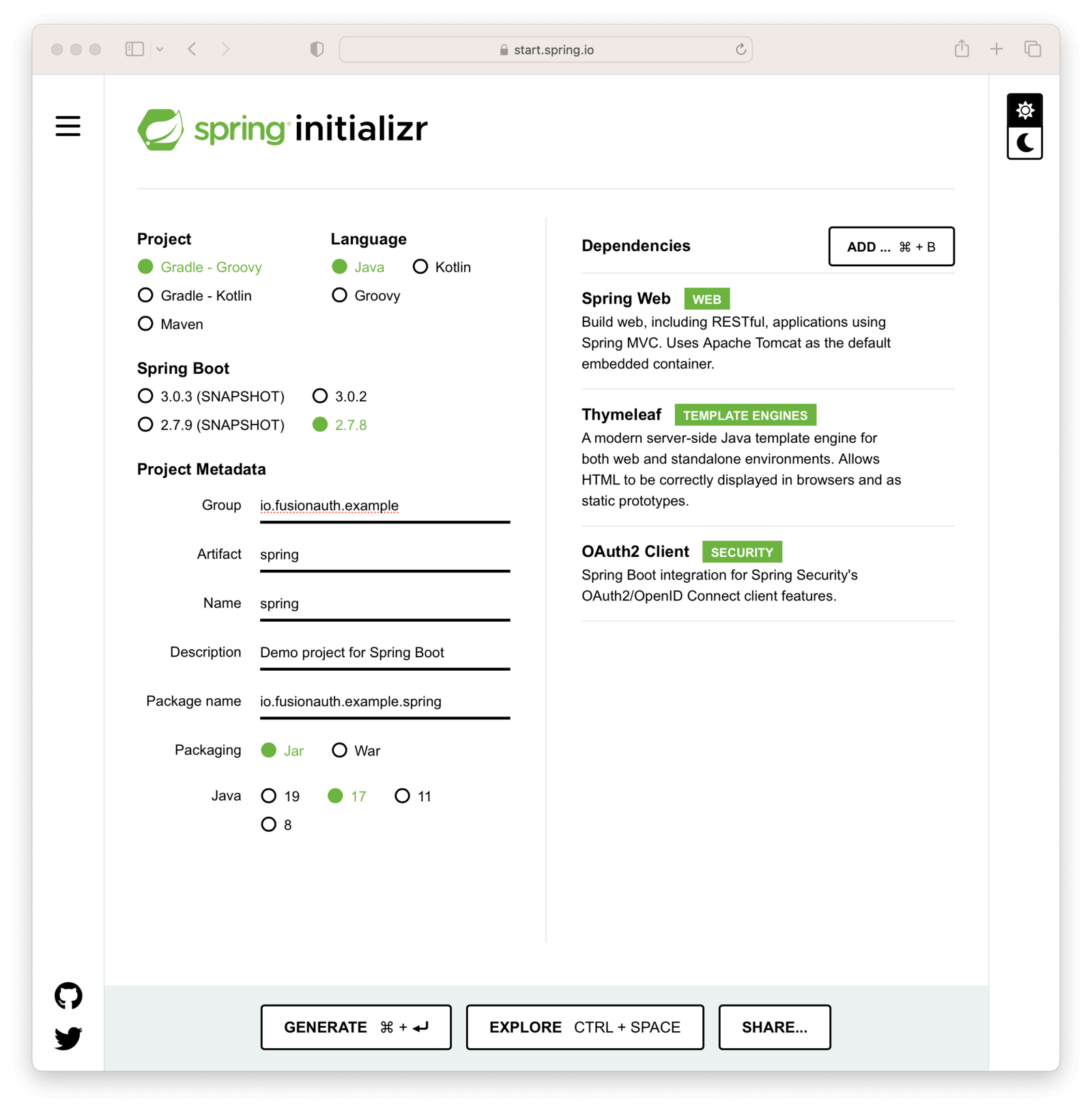 Spring boot app initializr options