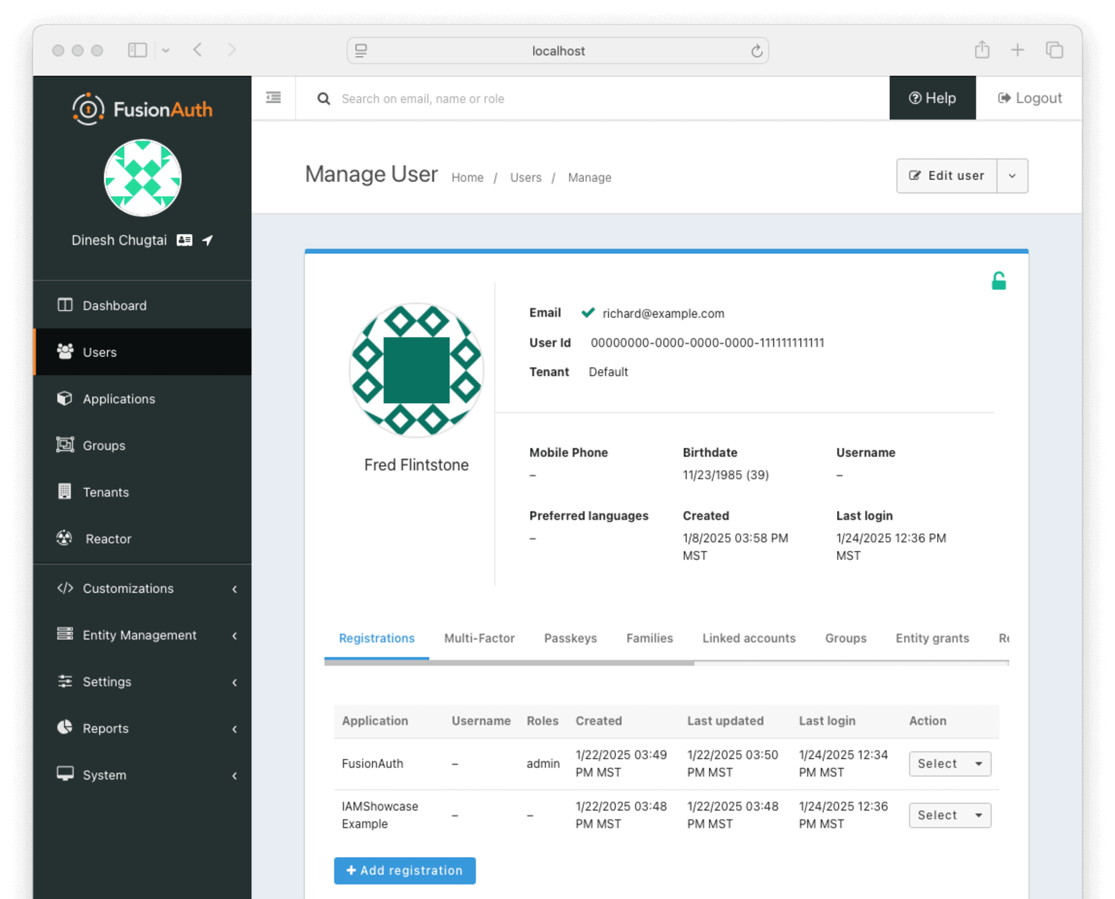 Showing user added to IAMShowcase Example application in FusionAuth.