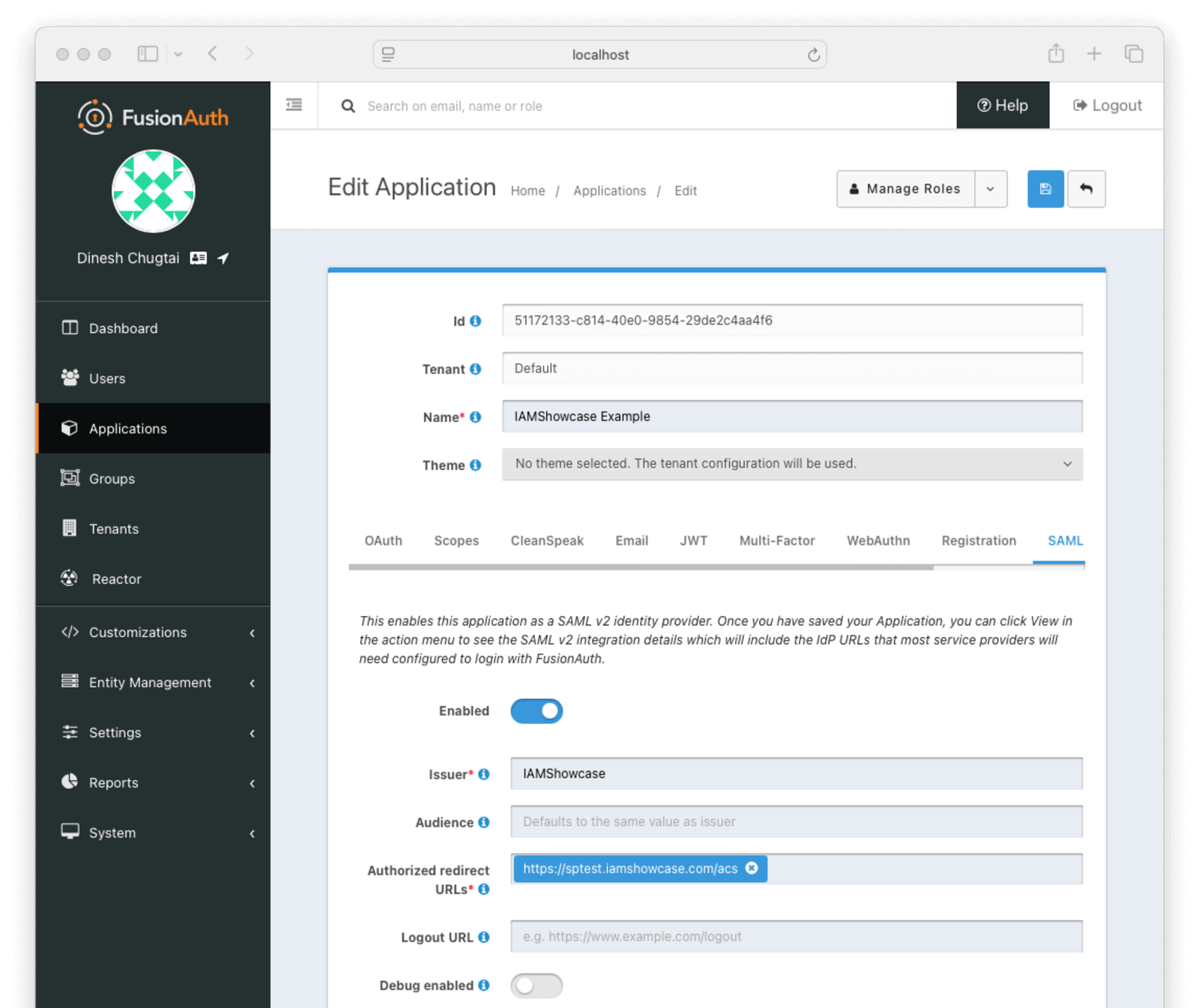 IAMShowcase Example Application SAML configuration.