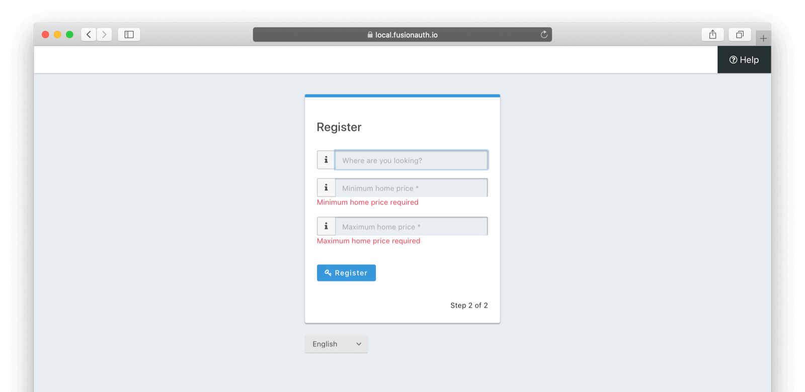 The second page of the registration form with error messages.