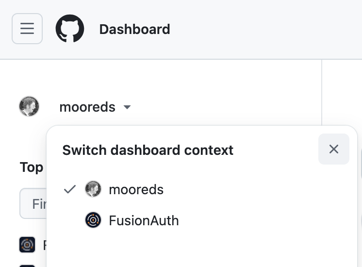 The GitHub organization selection dropdown.