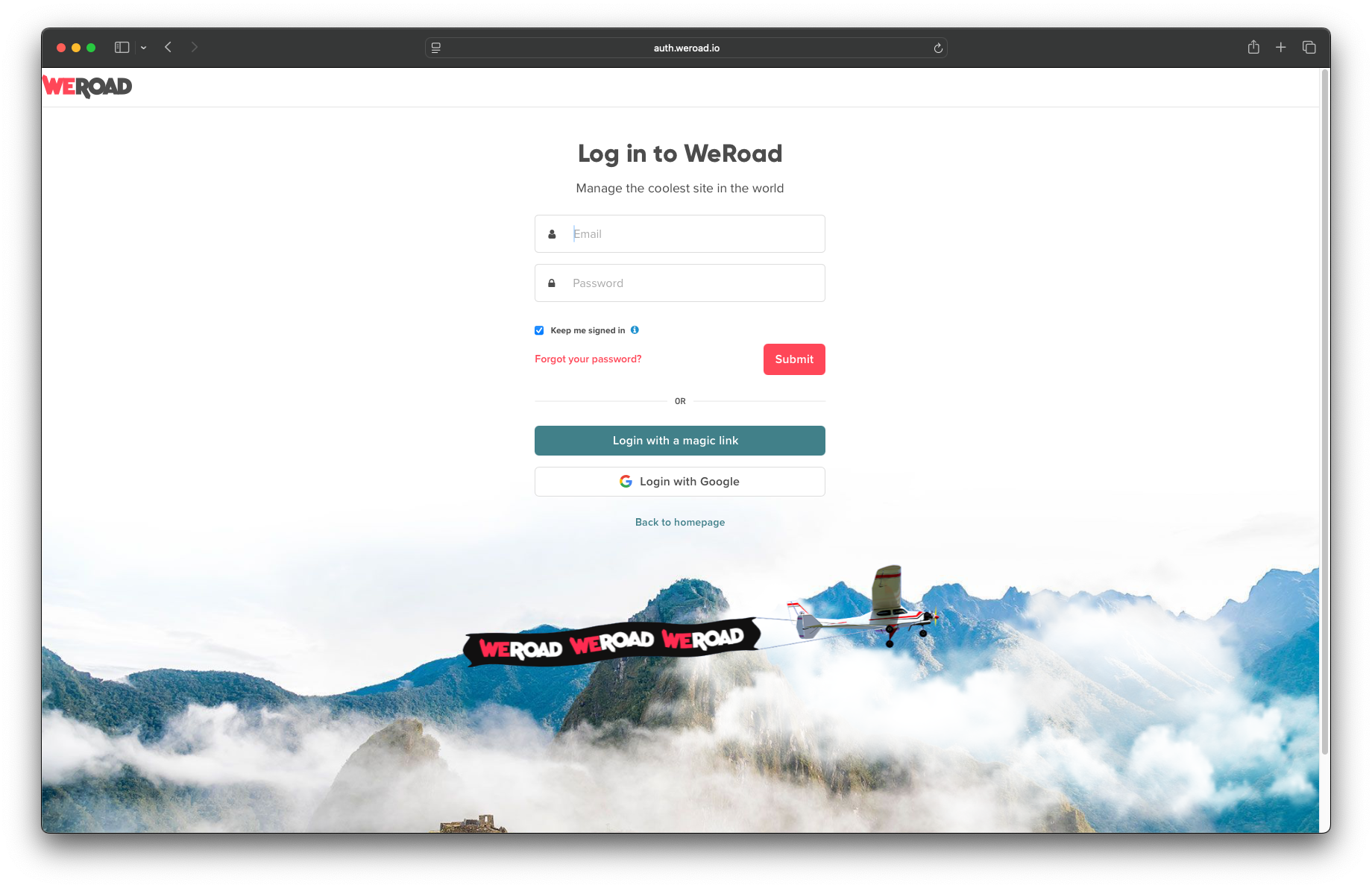Screenshot of WeRoad's custom login page