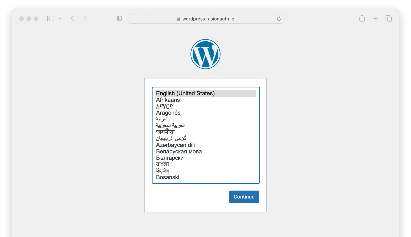 Choosing a language for WordPress installation.