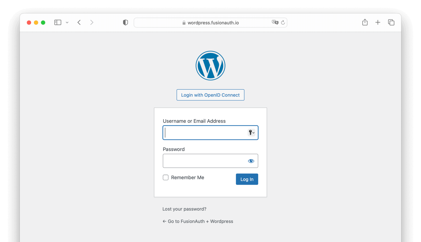 WordPress login screen with FusionAuth login enabled.
