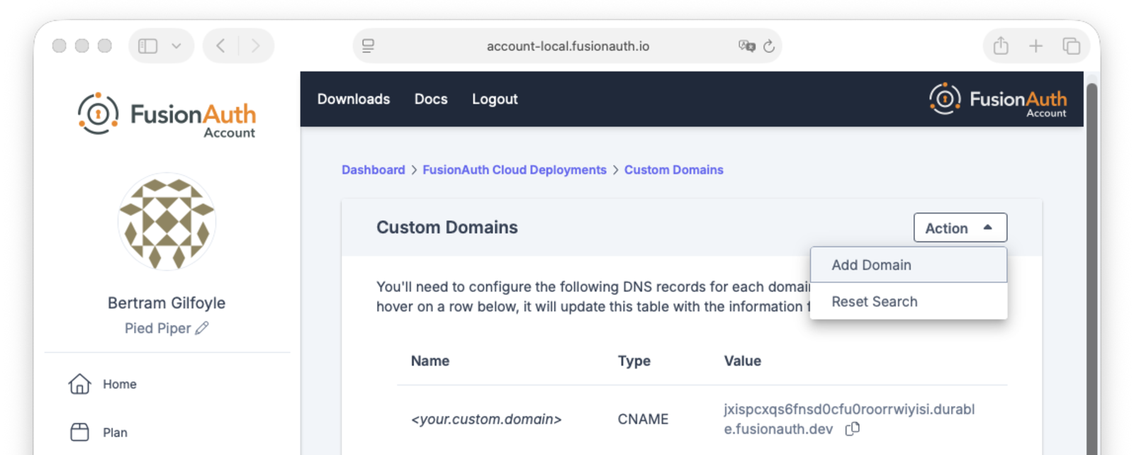 Action menu button to add a custom domain.