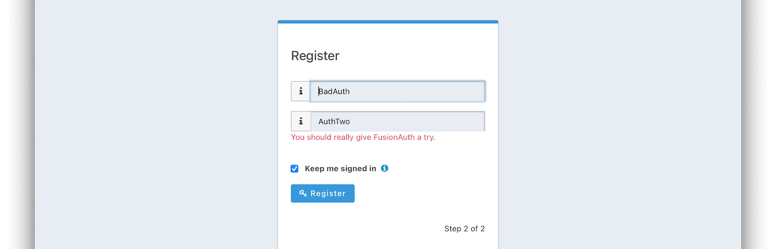 Self-Service registration example invalid form step